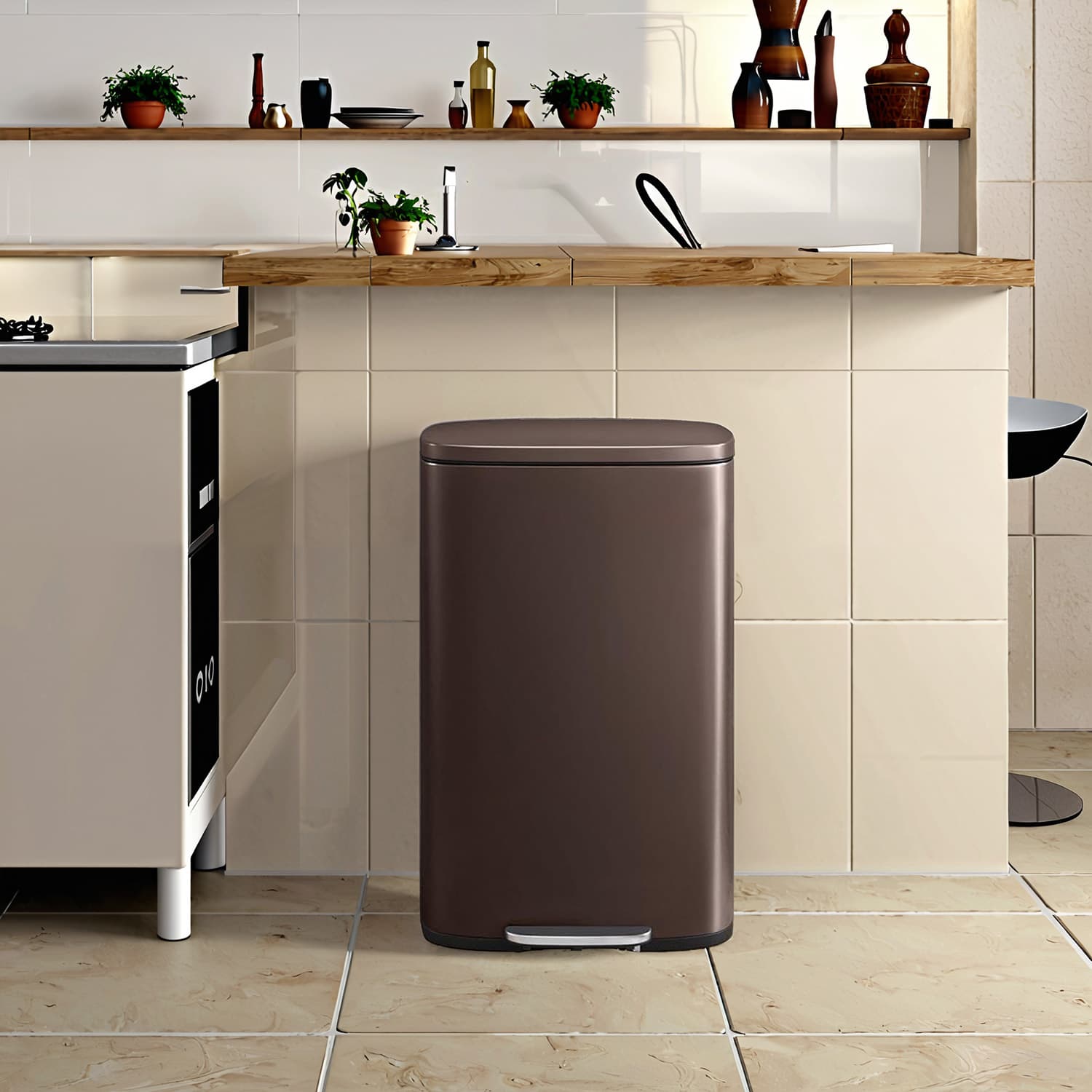 Step-On Pedal Bin - Stainless Steel - Brown - 50L Capacity with Soft Close and Removable Inner Bucket
