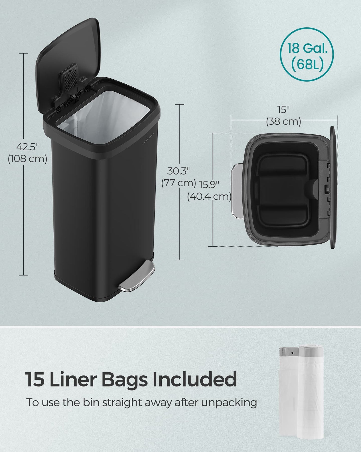 Metal Waste Pedal Bin - 68L - Silver - Tall with Lid