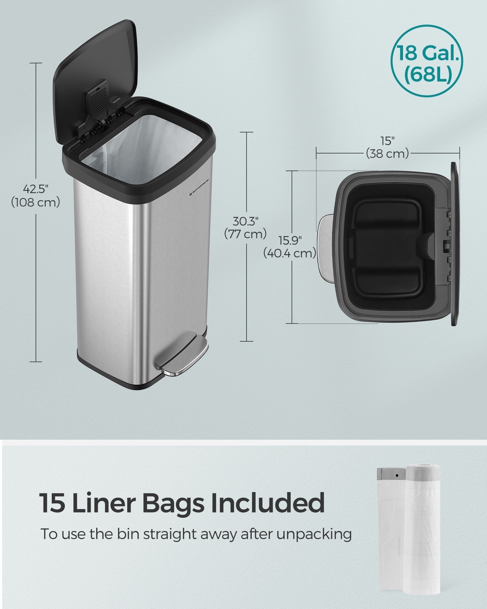 Metal Waste Pedal Bin - 68L - Silver - Tall with Lid