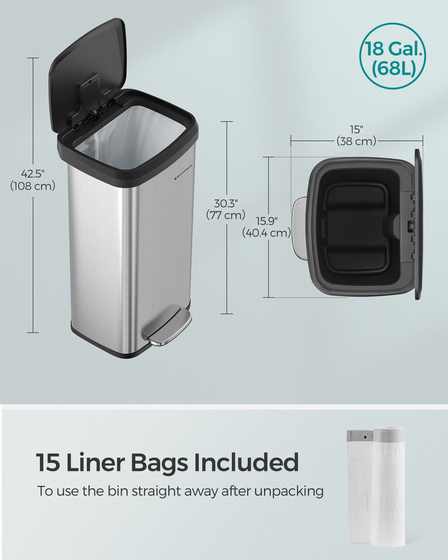 Metal Waste Pedal Bin - 68L - Silver - Tall with Lid