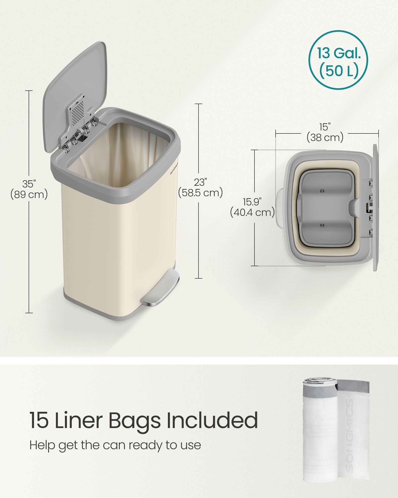 Metal Waste Pedal Bin - 68L Capacity with Lid - Metal - Sand Beige and Dove Grey