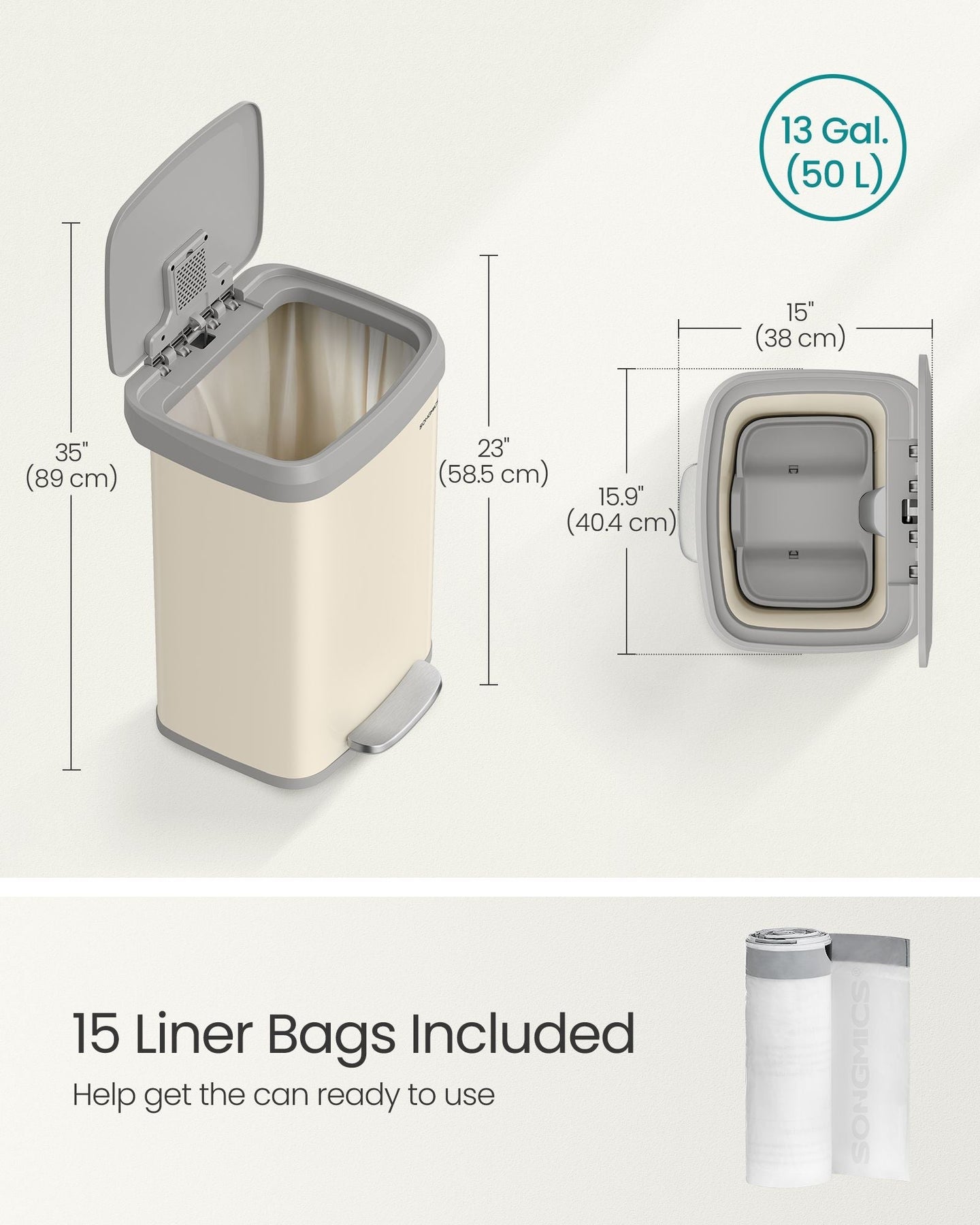 Metal Waste Pedal Bin - 68L Capacity with Lid - Metal - Sand Beige and Dove Grey