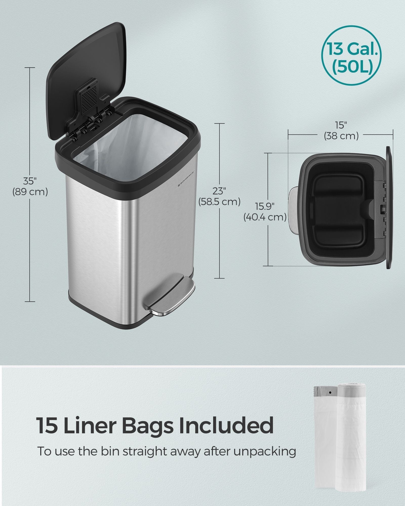 50L Metal Pedal Rubbish Bin - Silver - Large Capacity with Lid