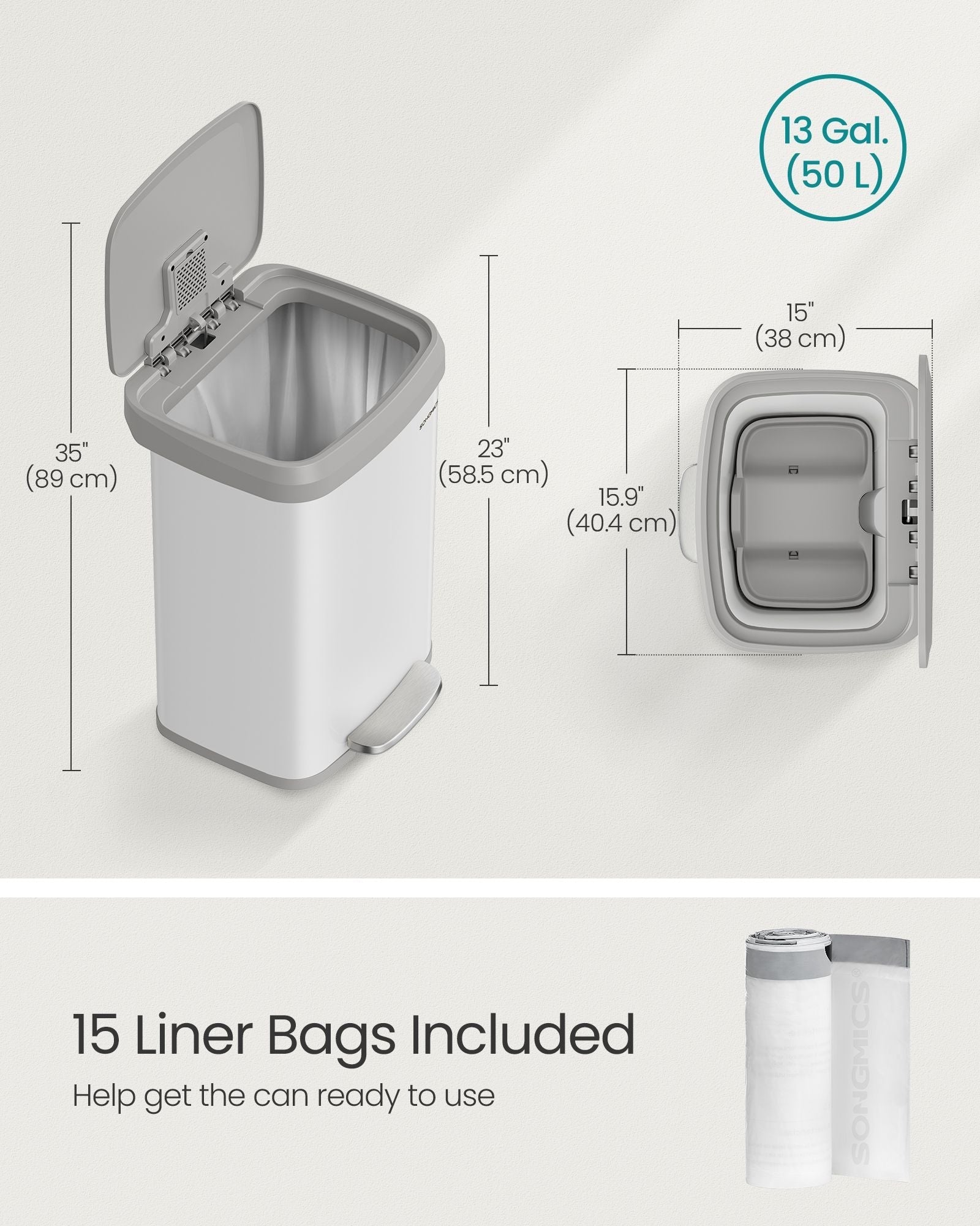 Metal Pedal Waste Bin - 68L Capacity - Steel - White and Dove Grey