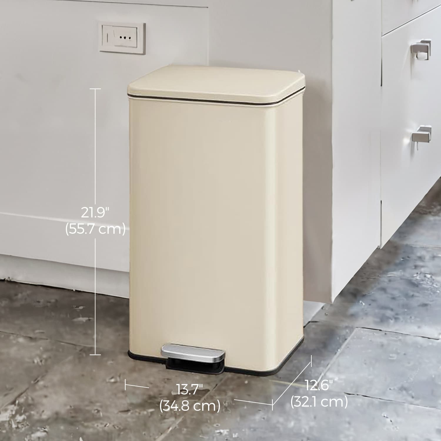 Large Steel Pedal Trash Can - 40L - Beige - Soft Close with 15 Liners Included