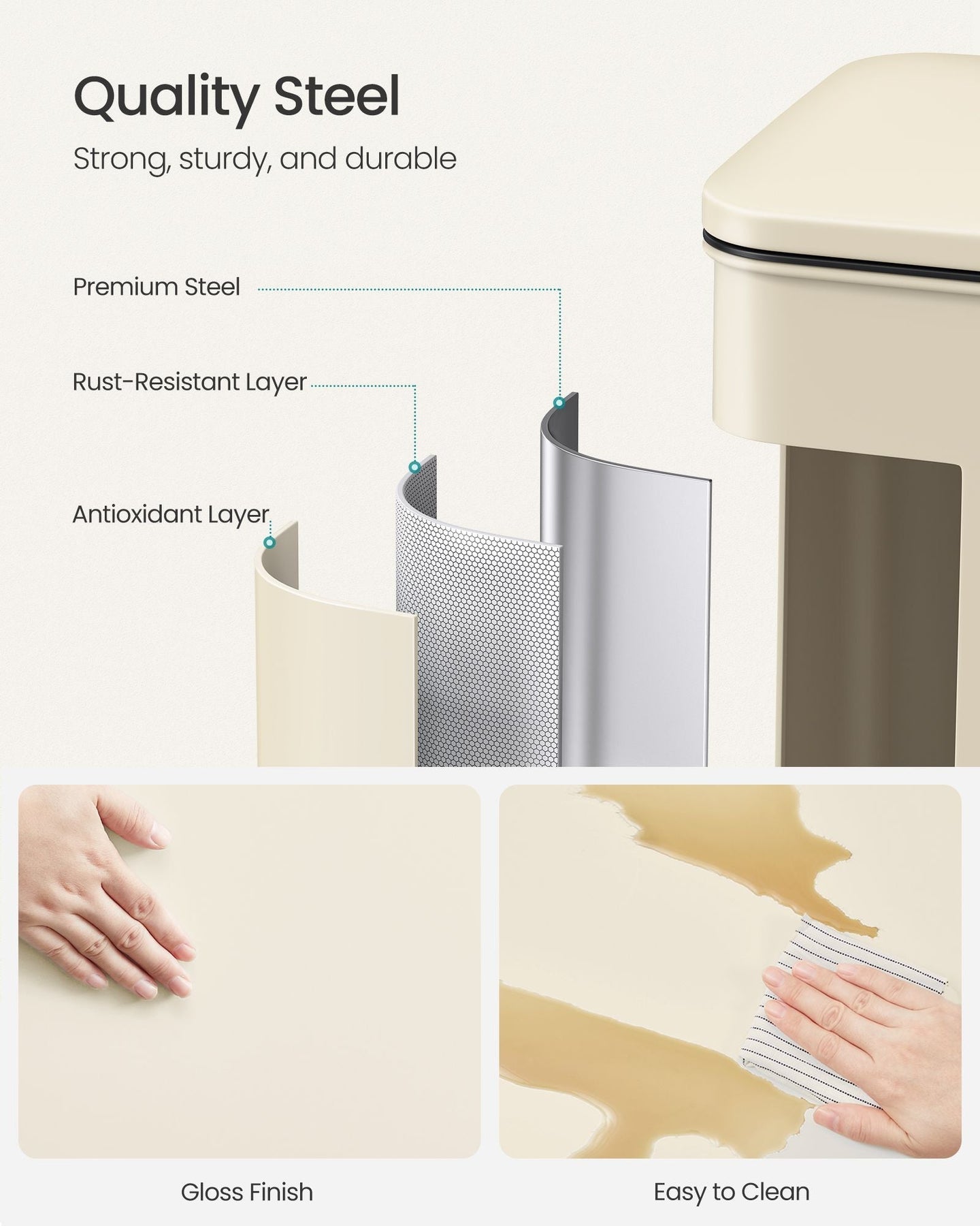Large Step Rubbish Bin - Steel - Sand Beige - Soft Close with 15 Liner Bags Included