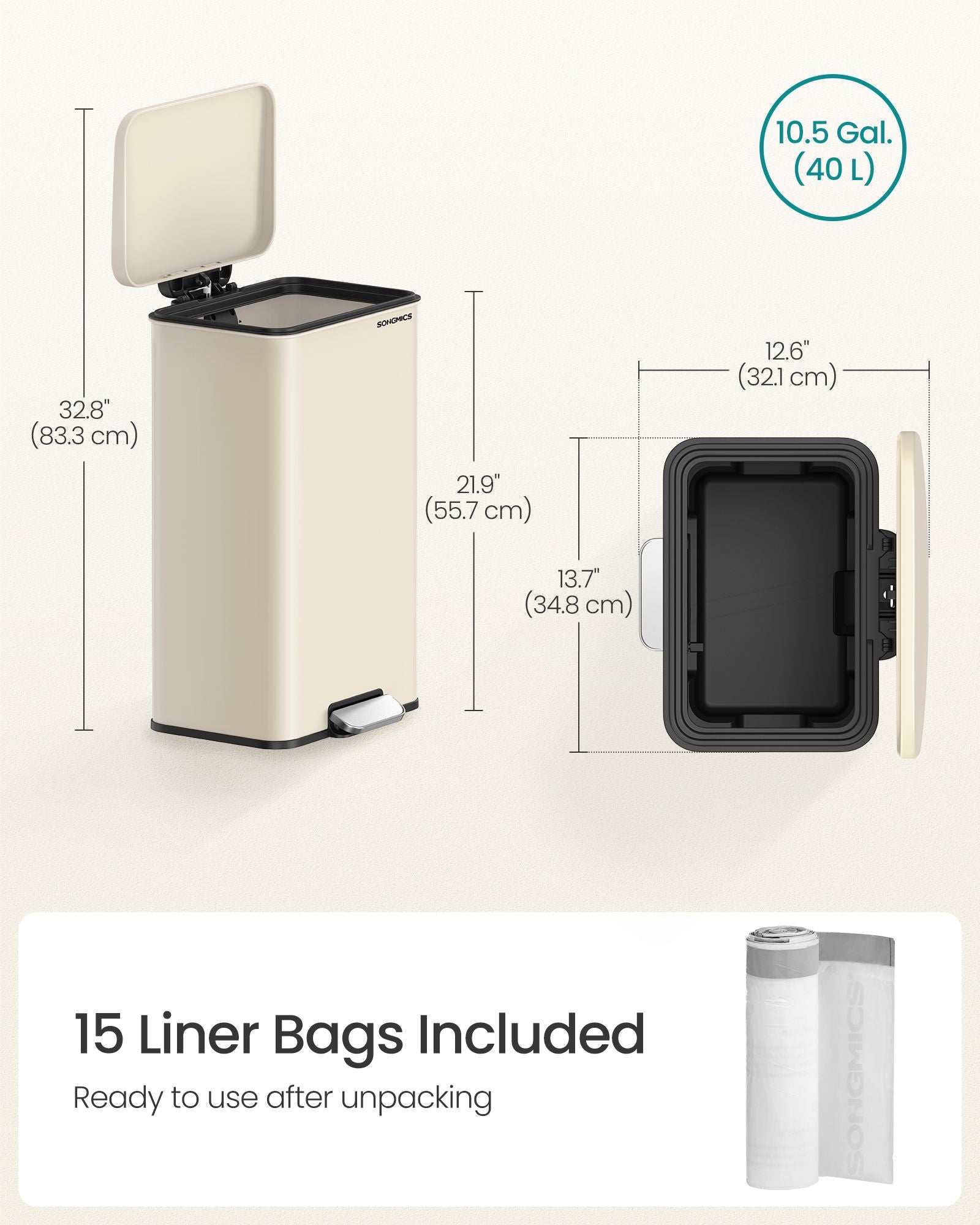 Large Step Rubbish Bin - Steel - Sand Beige - Soft Close with 15 Liner Bags Included