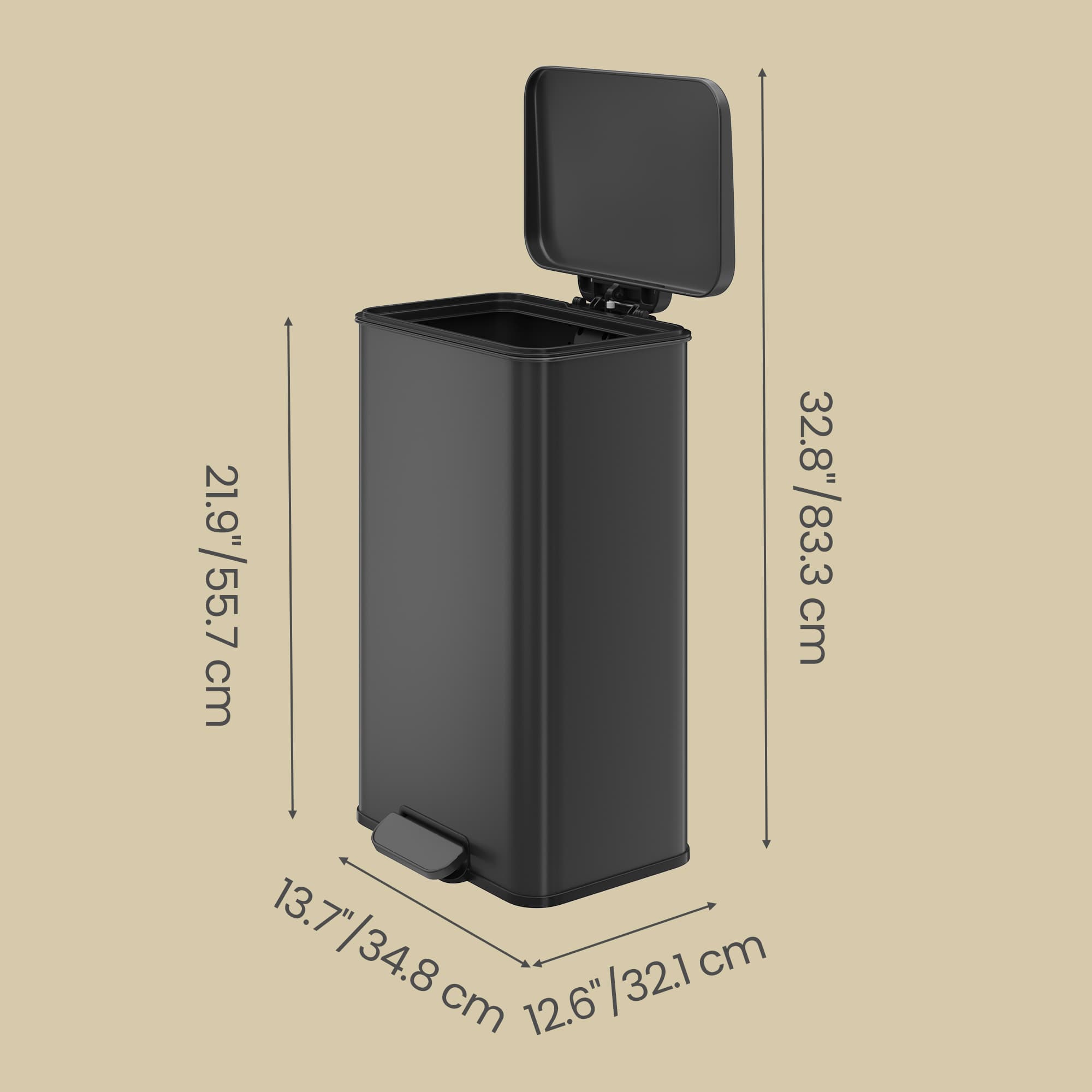 Large Step Waste Bin - Steel - Black - Soft Close Mechanism with Lid and 15 Liners Included