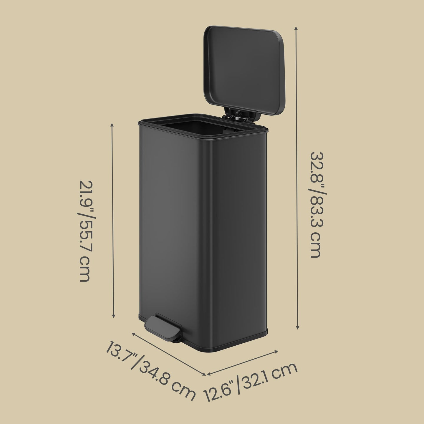 Large Step Waste Bin - Steel - Black - Soft Close Mechanism with Lid and 15 Liners Included