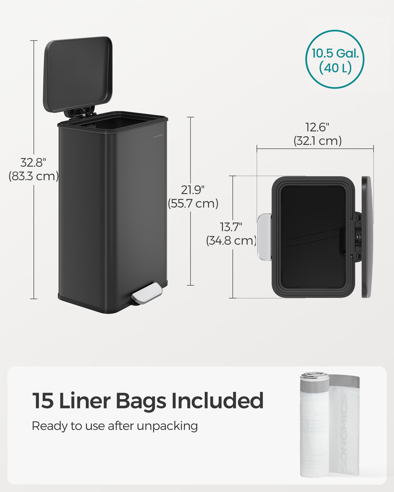 Large Steel Kitchen Bin - Black Finish - Soft Close Lid