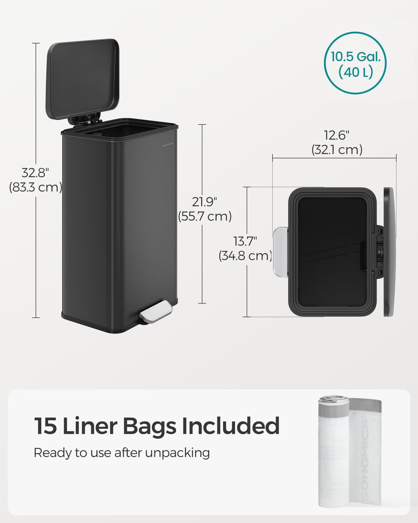 Large Steel Kitchen Bin - Black Finish - Soft Close Lid