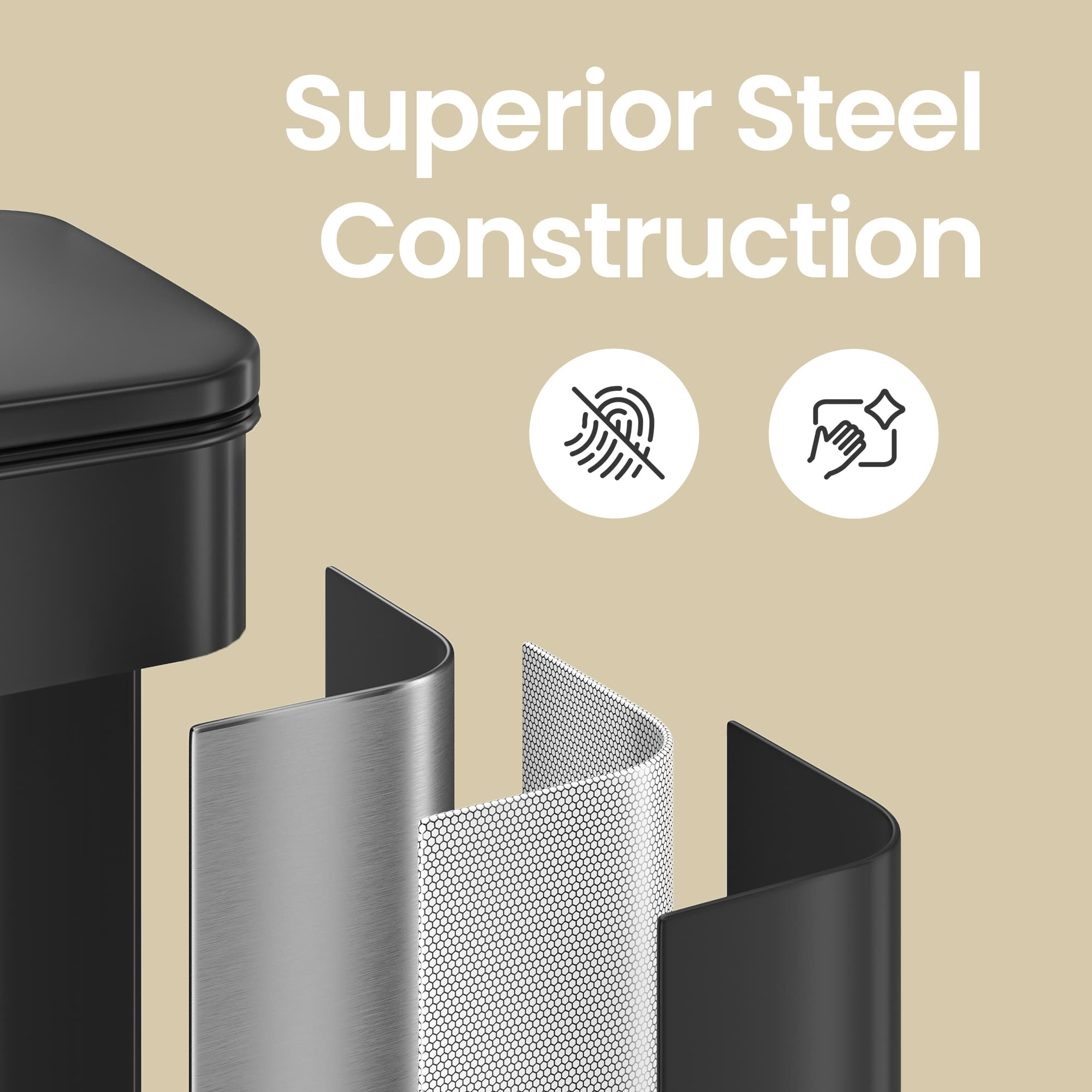 Large Step Waste Bin - Steel - Black - Soft Close Mechanism with Lid and 15 Liners Included