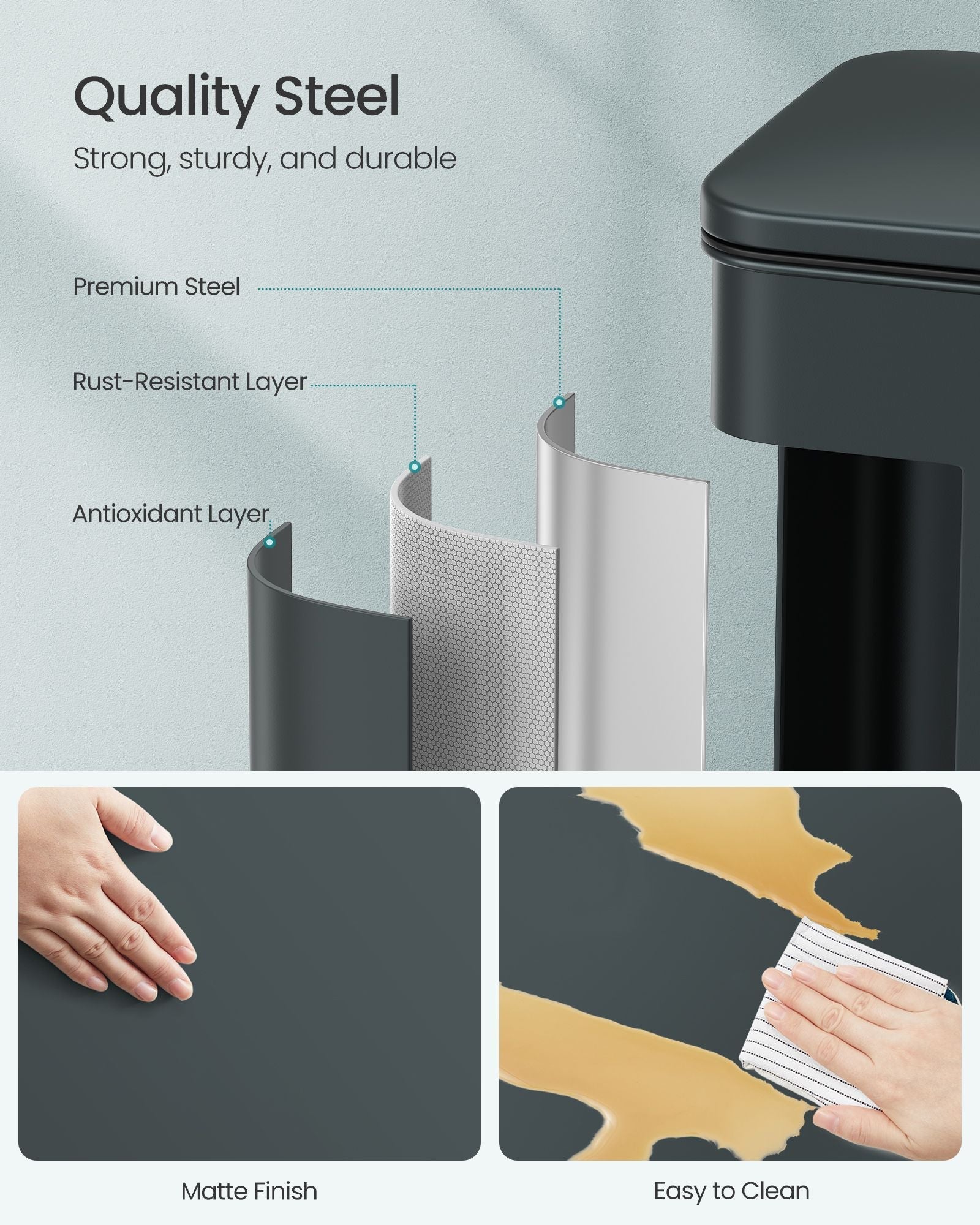 Large Step Rubbish Bin - Steel - Charcoal Grey - Soft Close with 15 Liner Bags Included