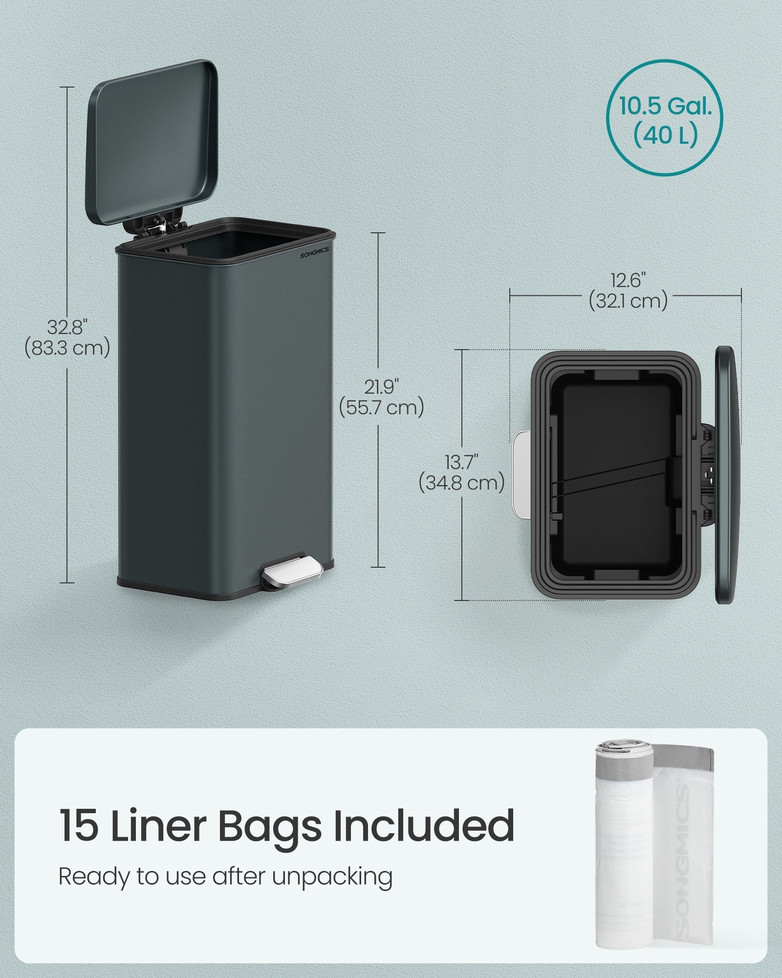 Large Kitchen Rubbish Bin - Steel - Silver - Soft Close with Lid and 15 Liner Bags Included
