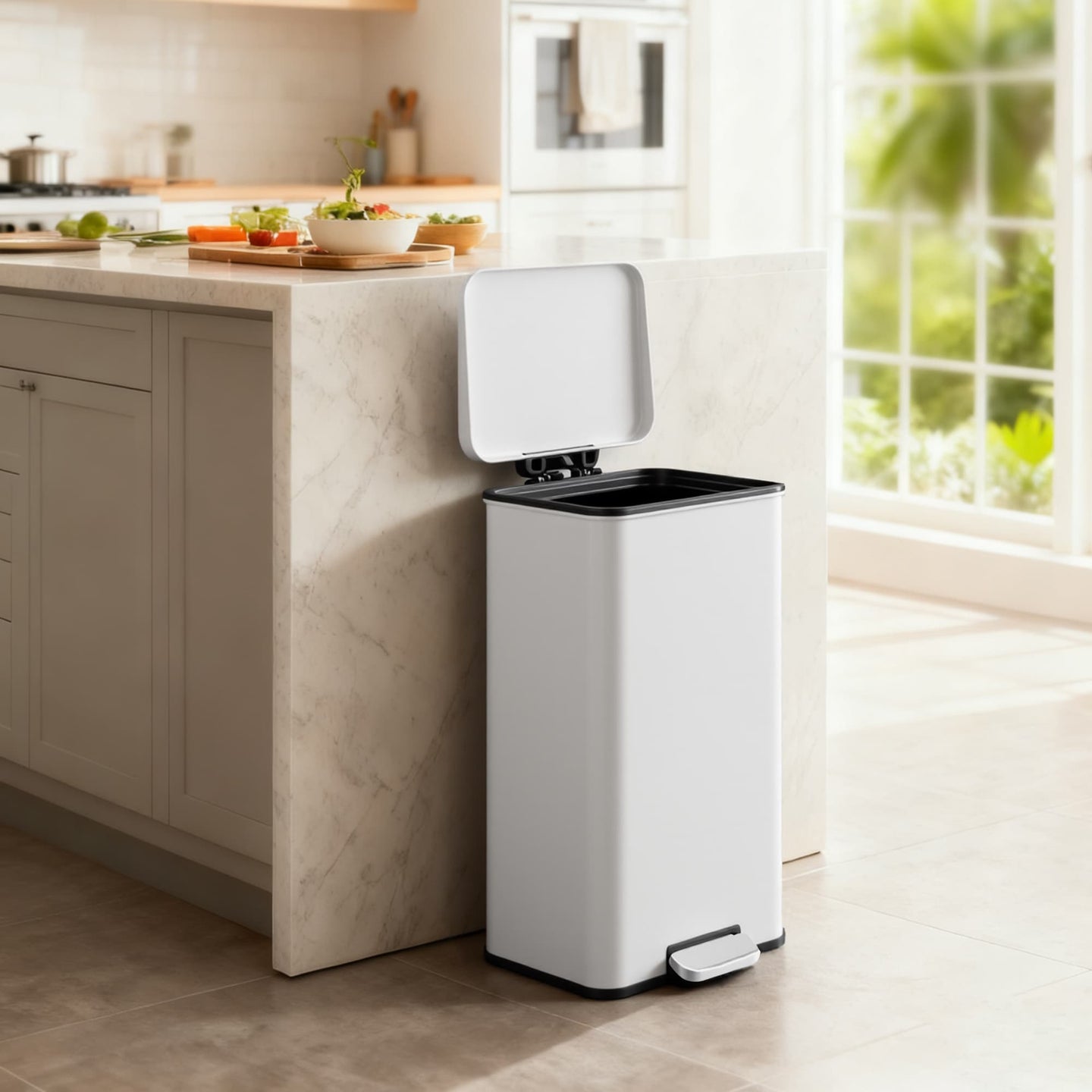 Large Step Waste Bin - Steel - White - 40L Capacity with Soft Close Mechanism