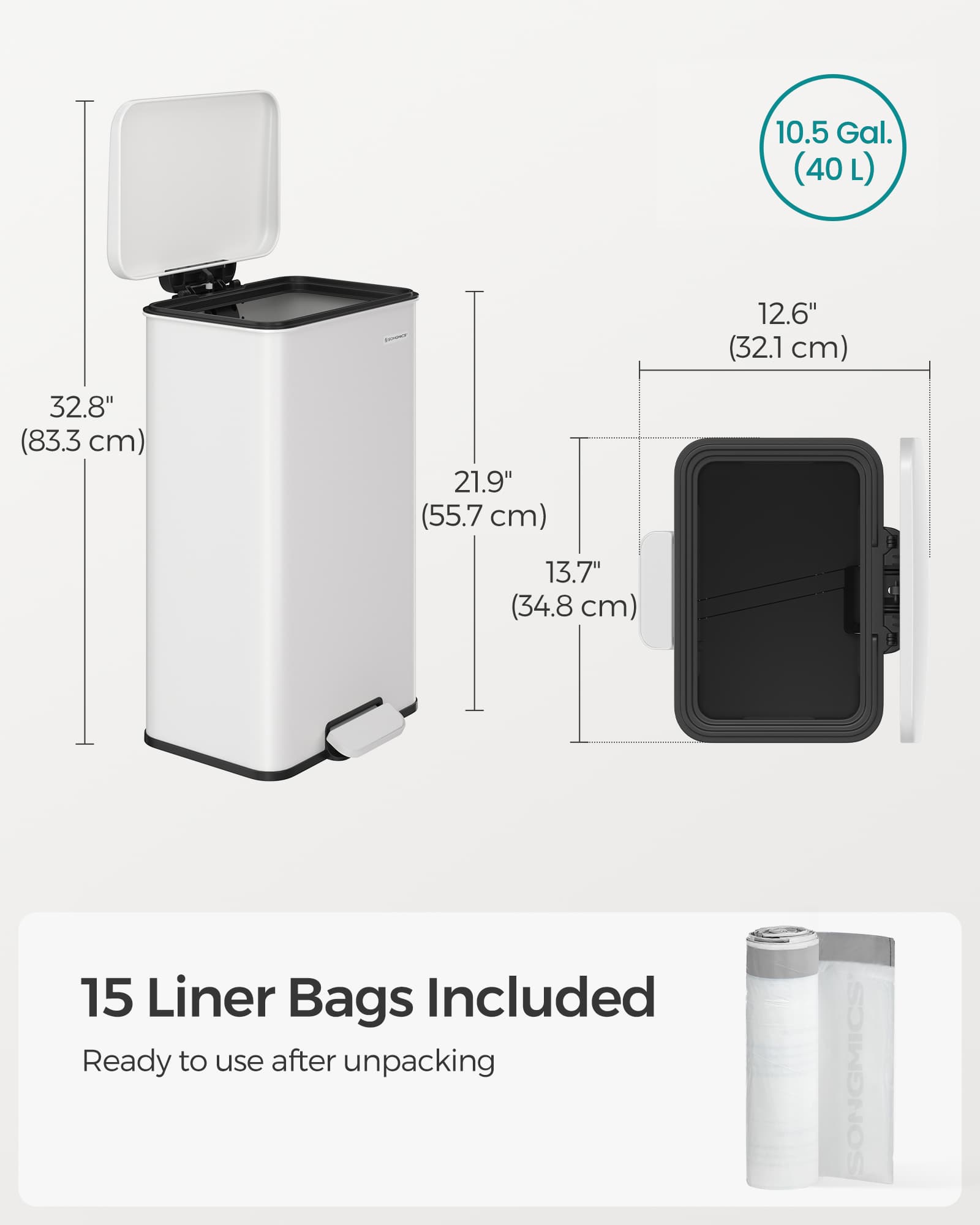 Kitchen Bin - Steel - White - 40L Capacity with Soft Close Lid