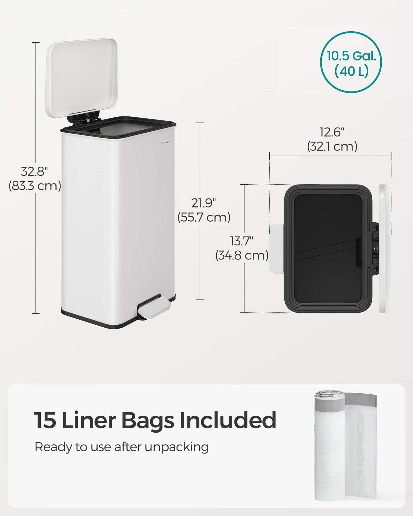 Kitchen Bin - Steel - White - 40L Capacity with Soft Close Lid