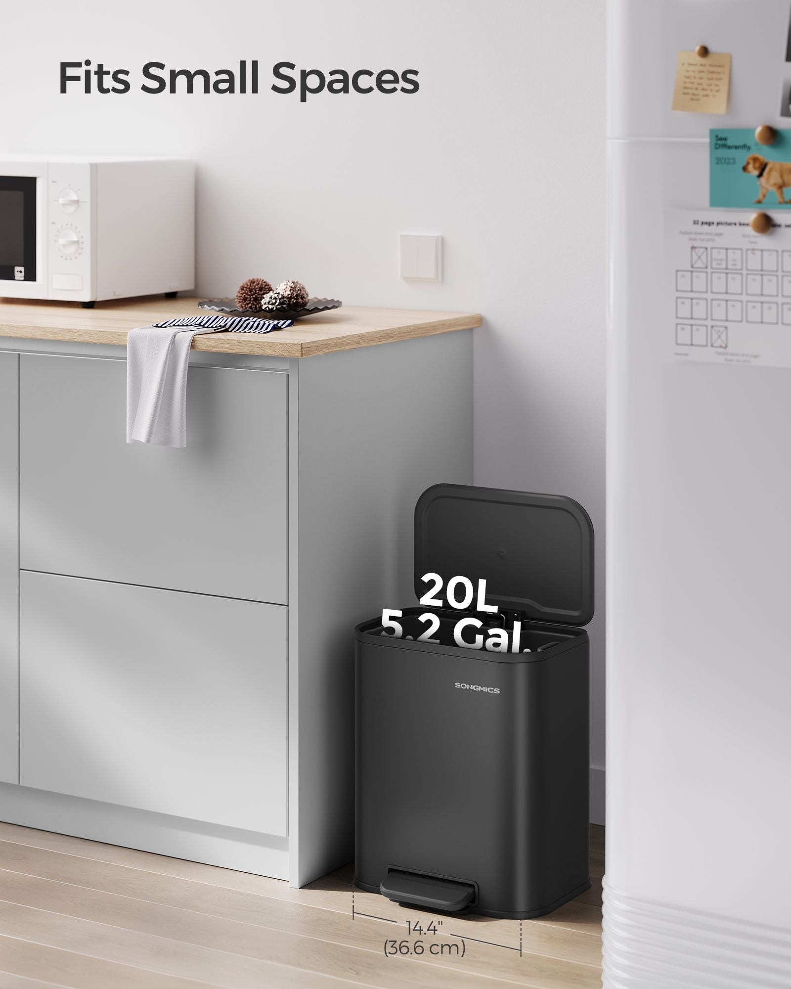 20L Kitchen Bin - Steel - Ink Black - Soft-Close Lid and Wide Non-Slip Pedal