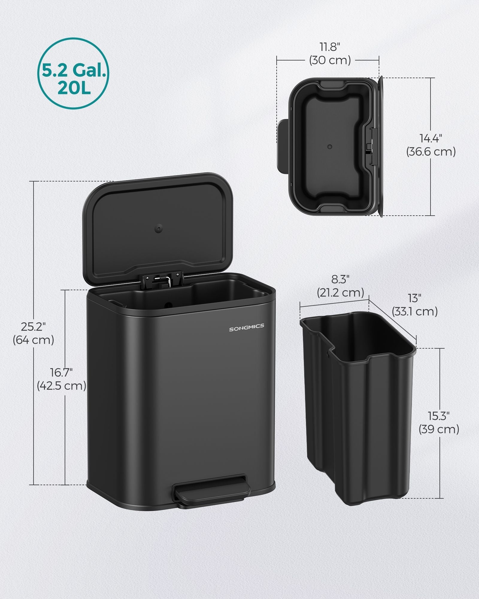 20L Kitchen Bin - Steel - Ink Black - Soft-Close Lid and Wide Non-Slip Pedal