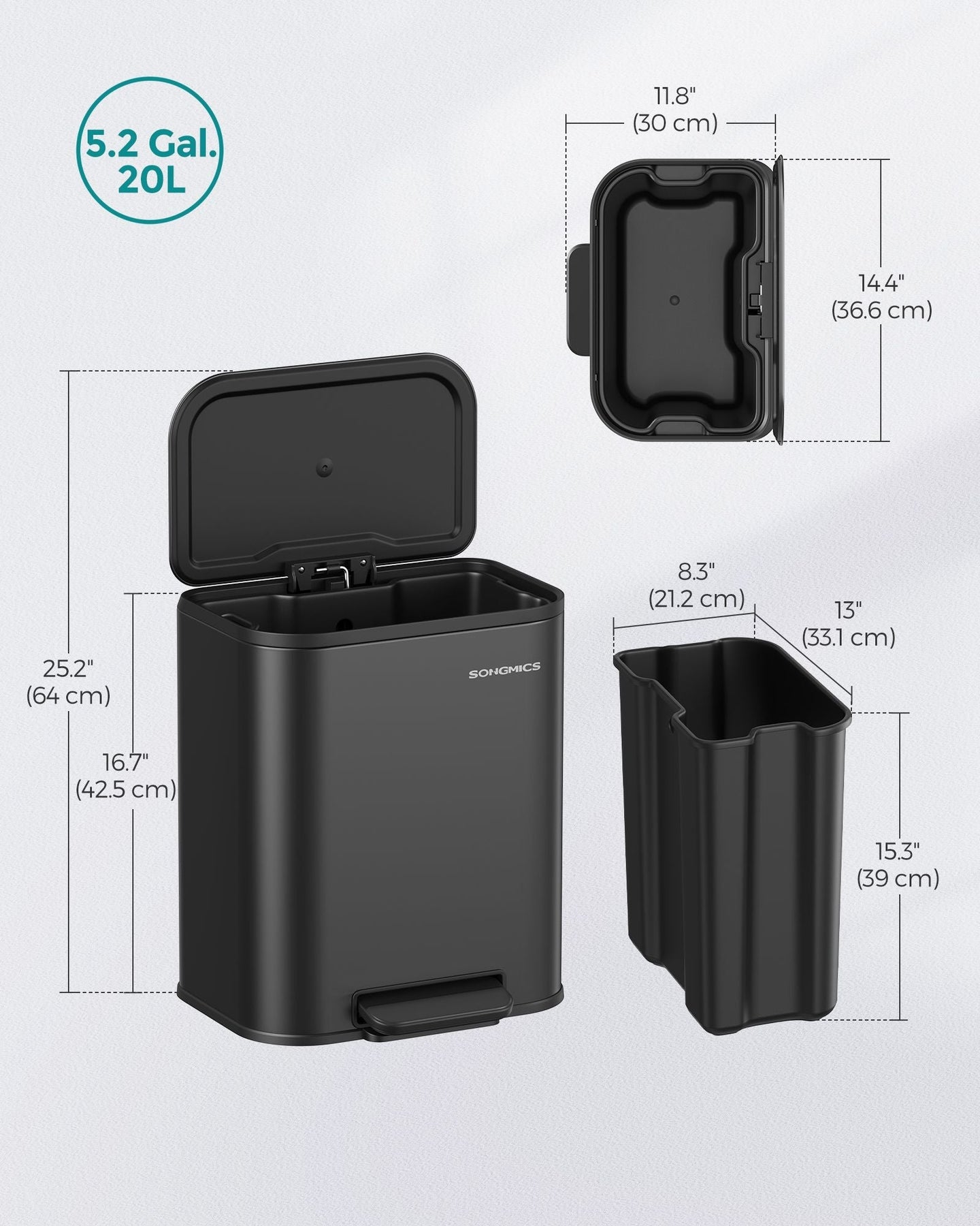 20L Kitchen Bin - Steel - Ink Black - Soft-Close Lid and Wide Non-Slip Pedal