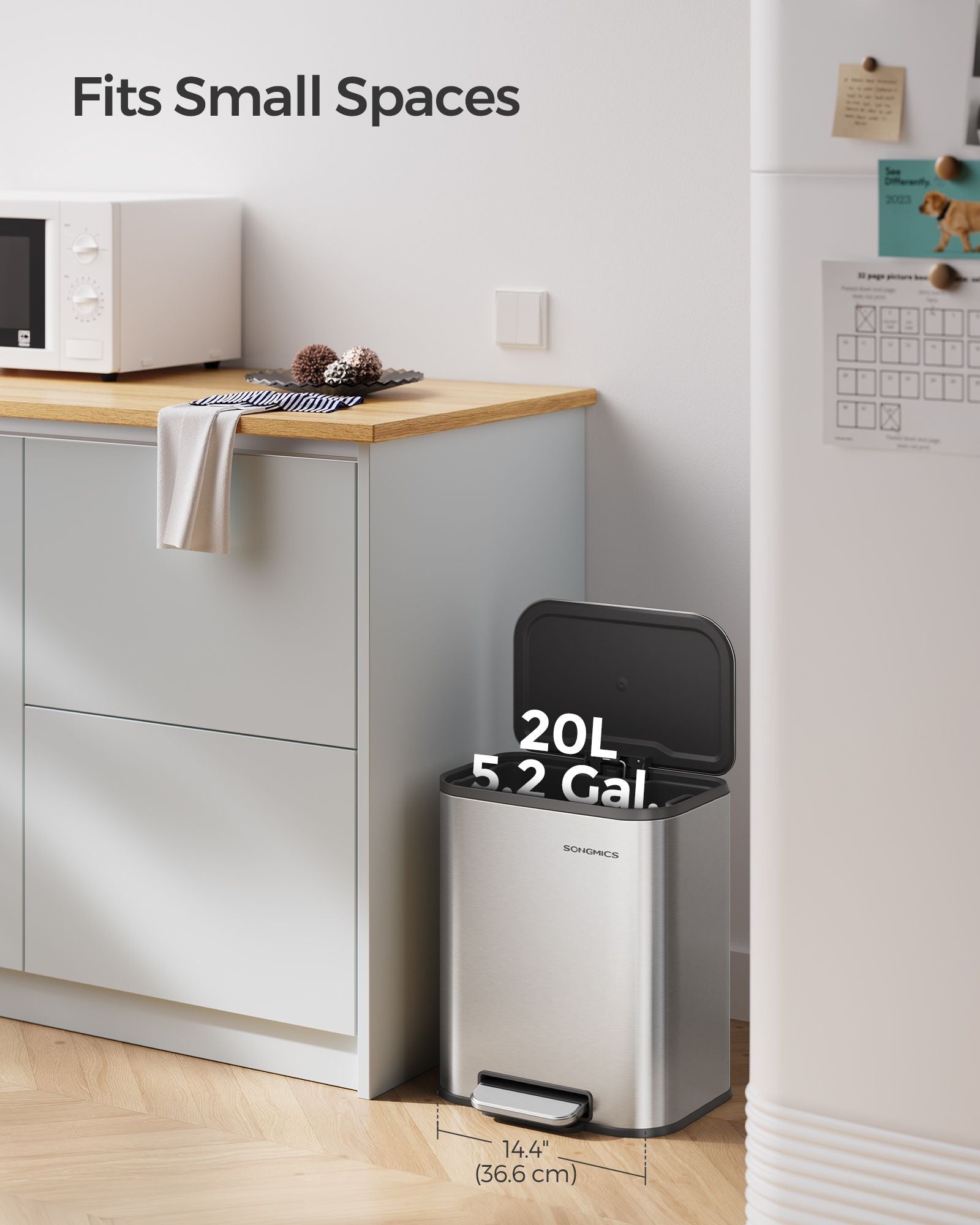 20L Steel Kitchen Trash Bin - Metallic Silver - Soft-Close Lid