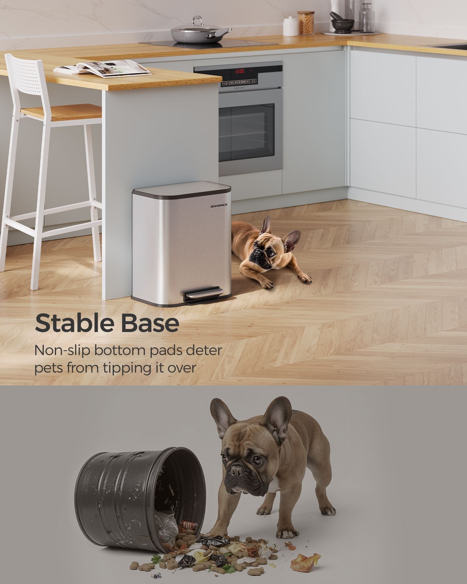 20L Steel Kitchen Trash Bin - Metallic Silver - Soft-Close Lid