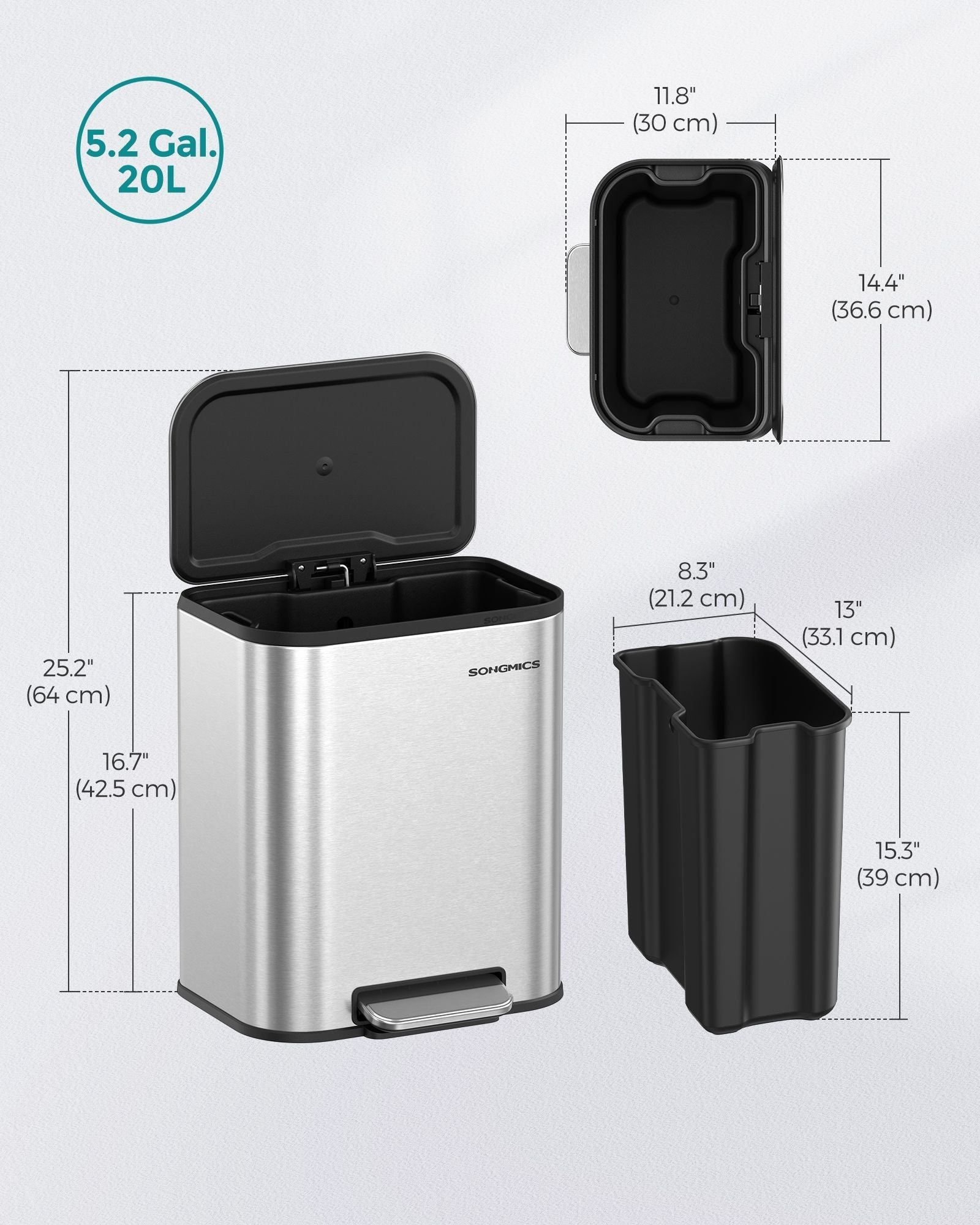 20L Steel Kitchen Trash Bin - Metallic Silver - Soft-Close Lid