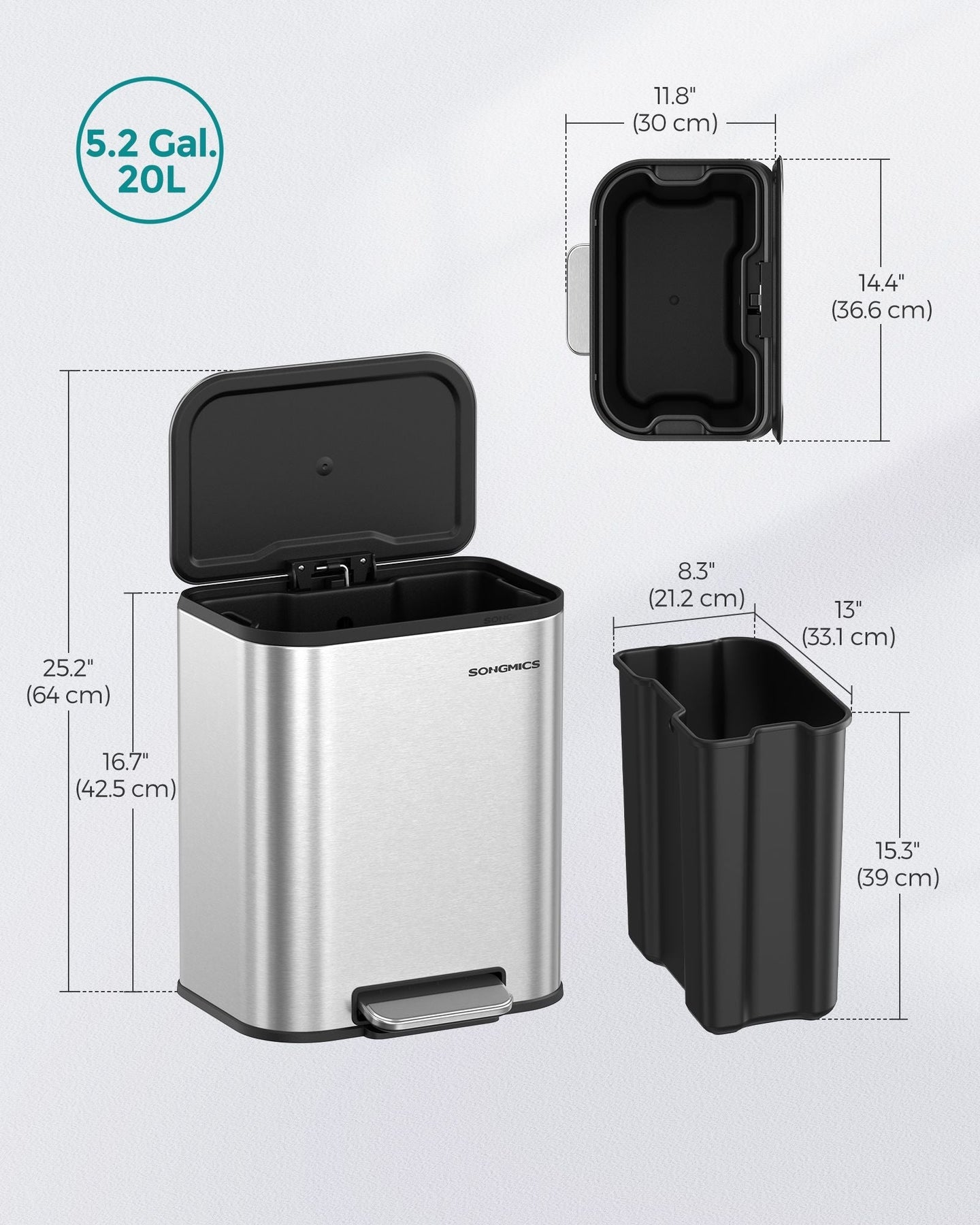 20L Steel Kitchen Trash Bin - Metallic Silver - Soft-Close Lid