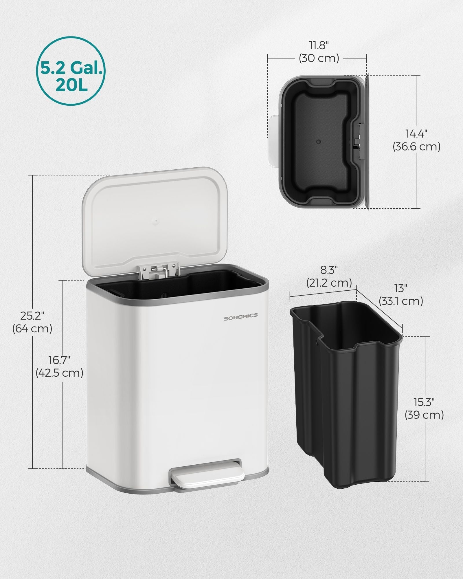 20L Kitchen Bin - Steel - Cloud White - Soft-Close Lid and Wide Non-Slip Pedal
