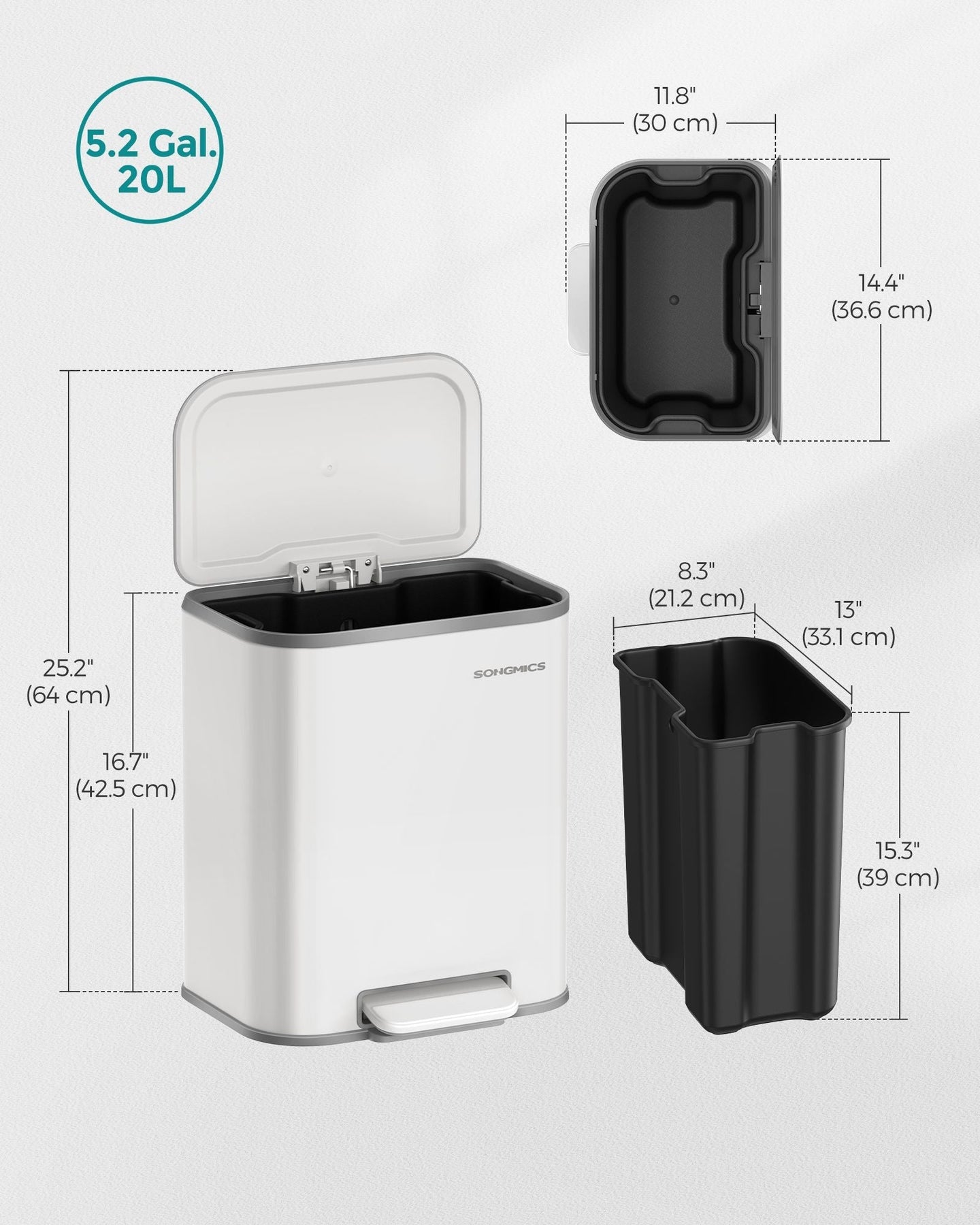 20L Kitchen Bin - Steel - Cloud White - Soft-Close Lid and Wide Non-Slip Pedal