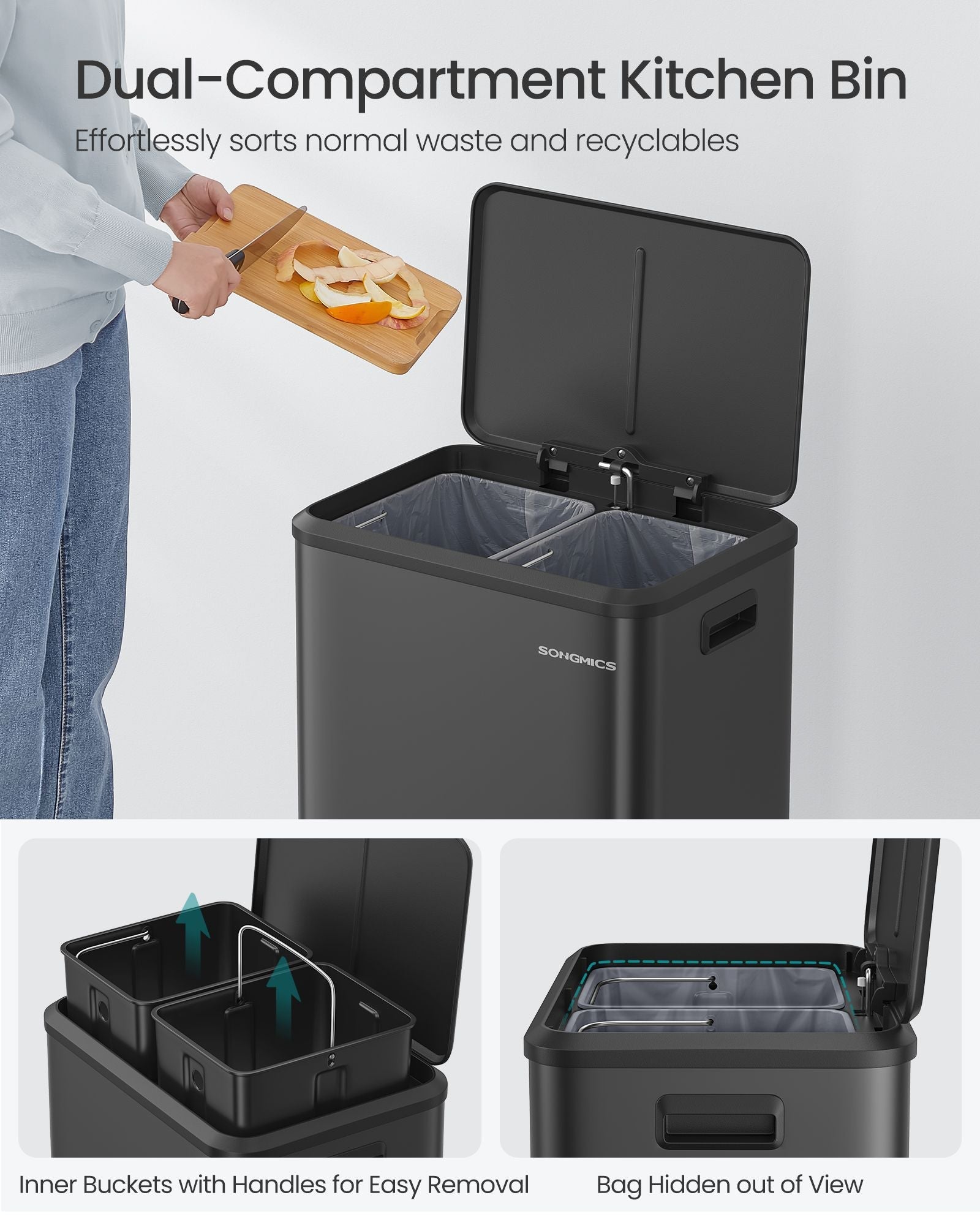 Double Bin - Steel - Metallic Silver - Soft-Close Lid