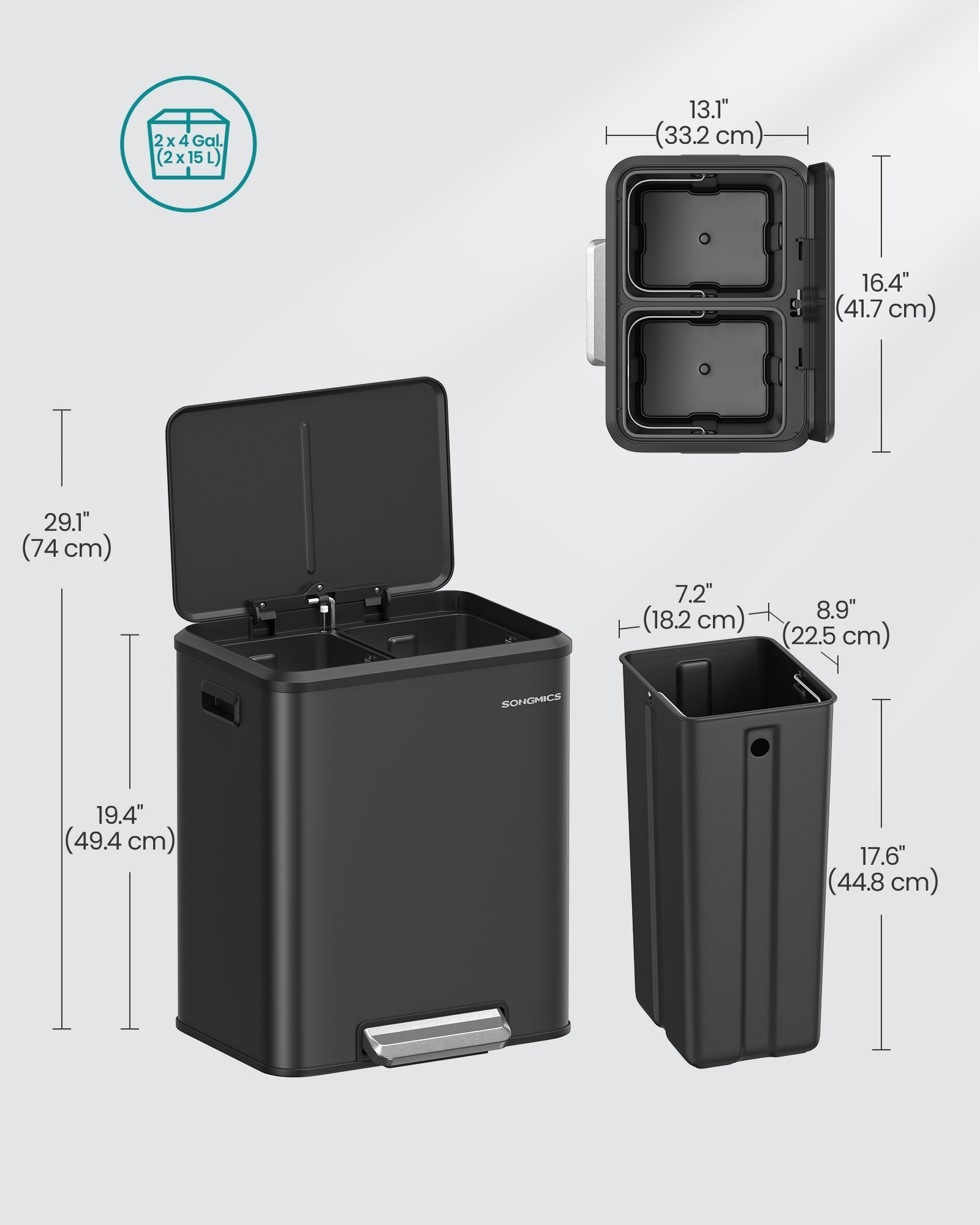 Double Bin - Steel - Metallic Silver - Soft-Close Lid