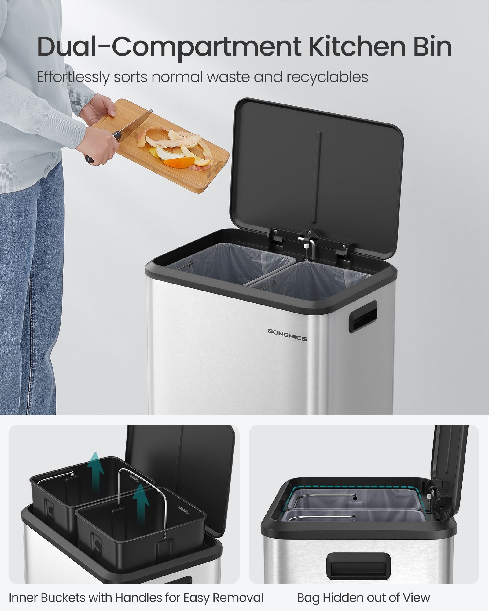 Double Bin - Steel - Metallic Silver - Soft-Close Lid