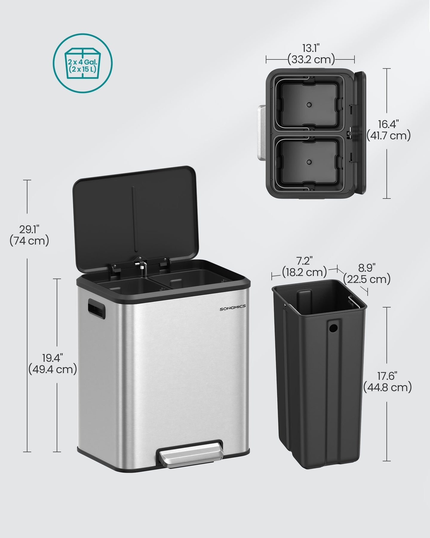 Double Bin - Steel - Metallic Silver - Soft-Close Lid