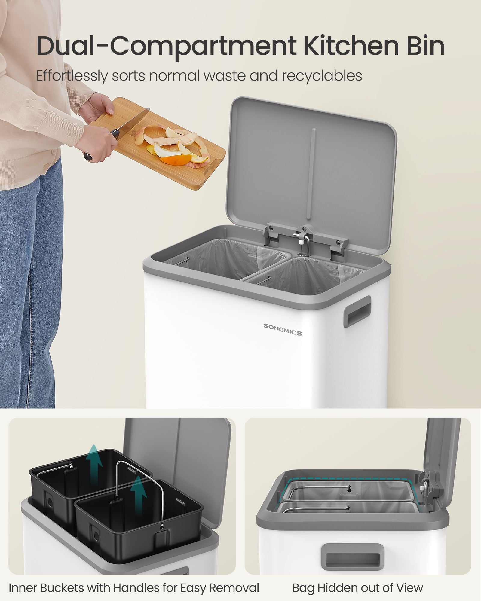 Double Bin - Steel - Cloud White - Soft-Close Lid