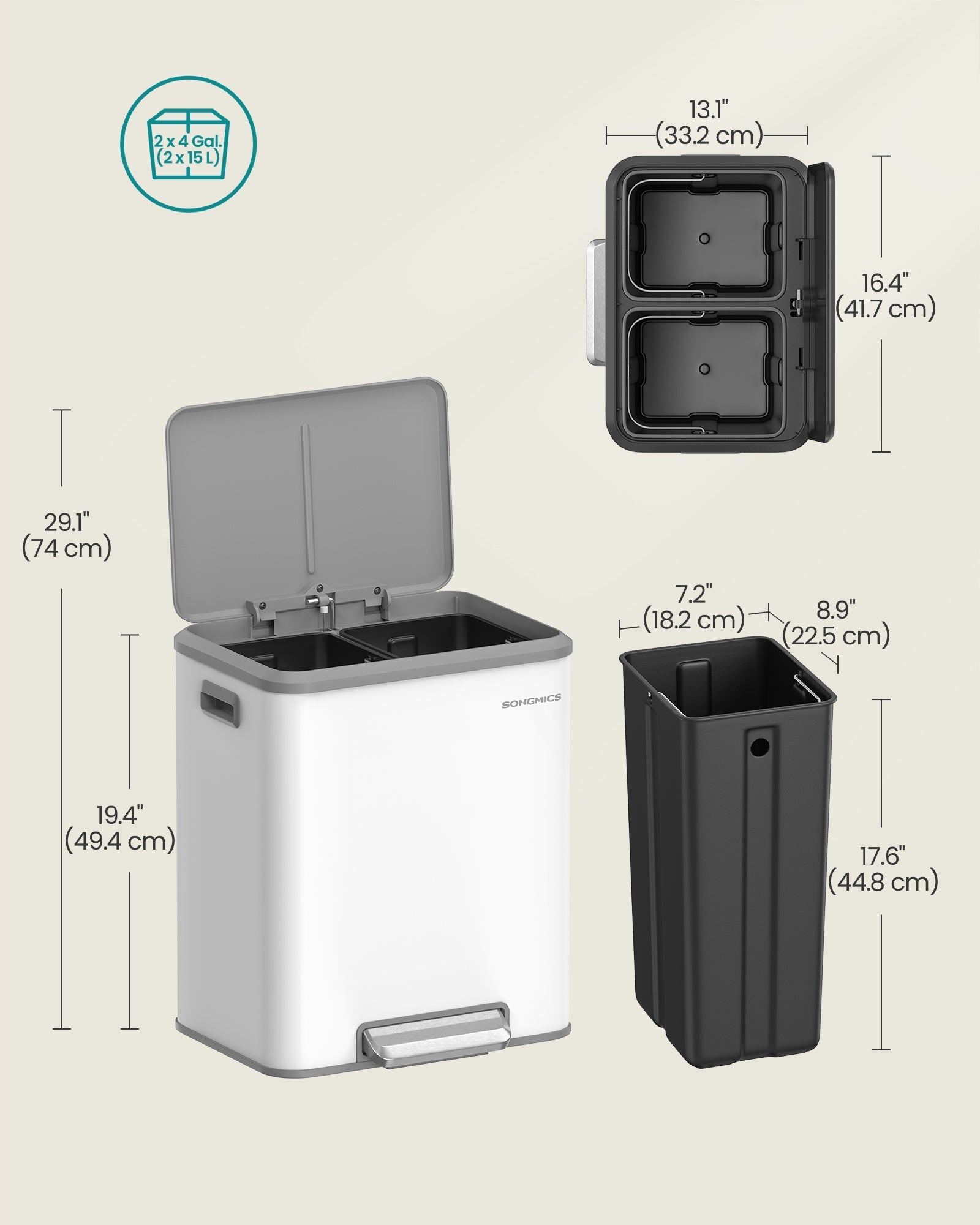 Double Bin - Steel - Cloud White - Soft-Close Lid