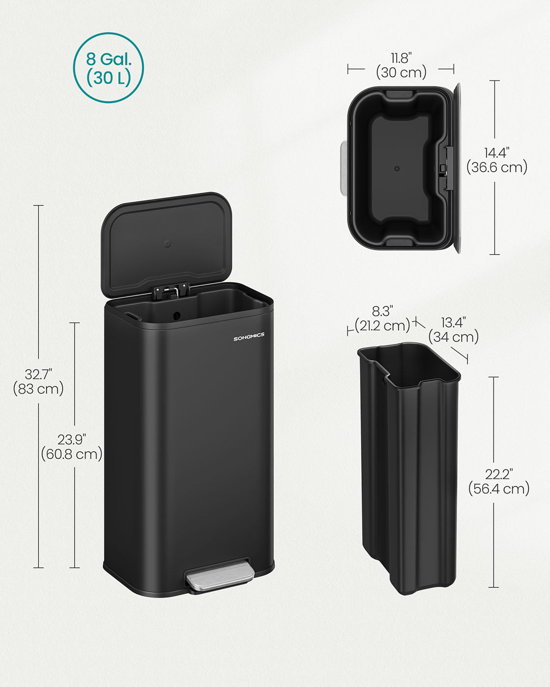 Pedal Bin - Steel - Ink Black - 30 L Capacity with Soft-Close Lid and Wide Non-Slip Pedal