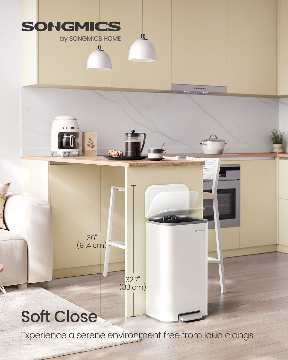 Kitchen Bin - Steel - Metallic Silver - 30 L Soft-Close Lid with Wide Non-Slip Pedal