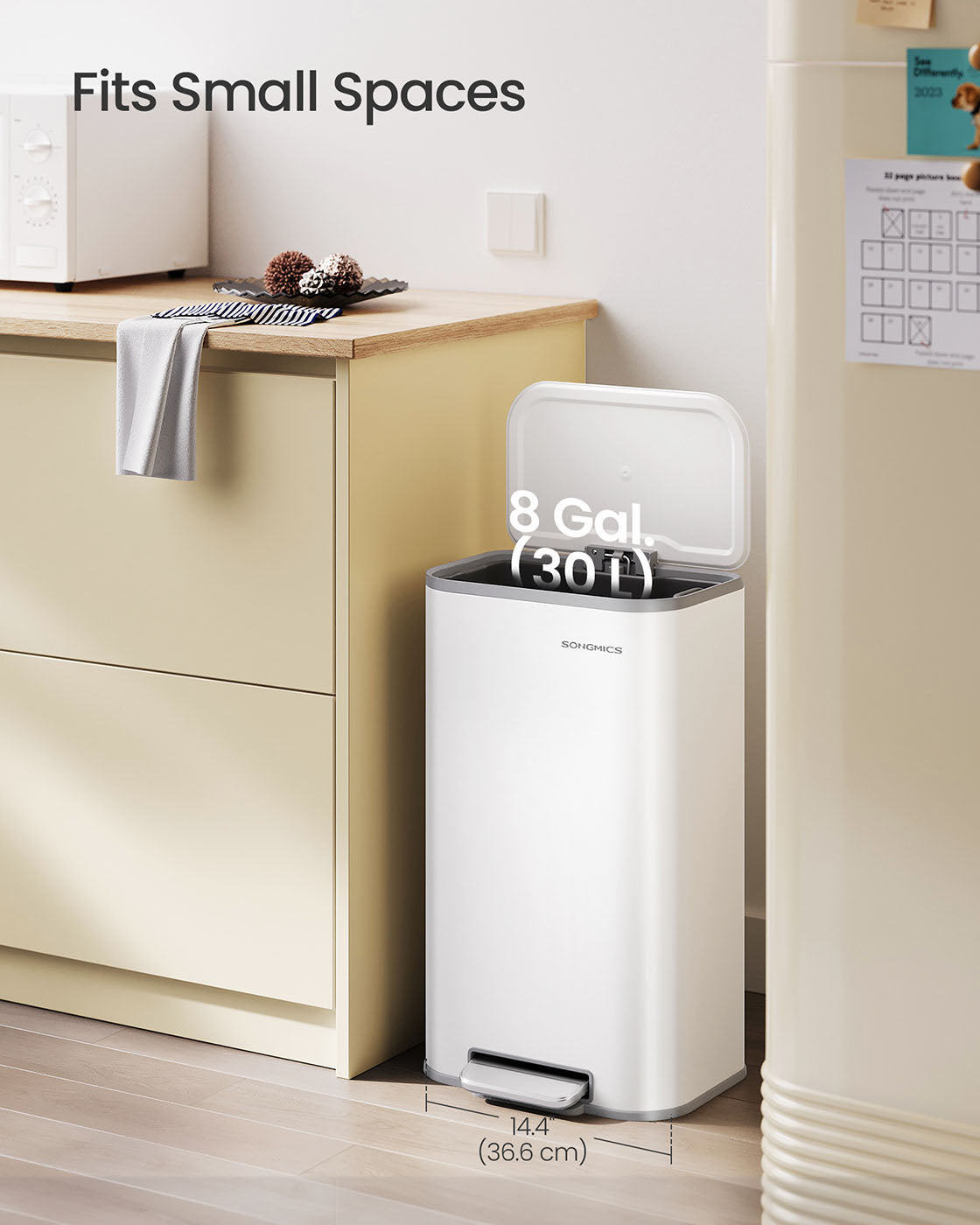 Kitchen Bin - Steel - Metallic Silver - 30 L Soft-Close Lid with Wide Non-Slip Pedal
