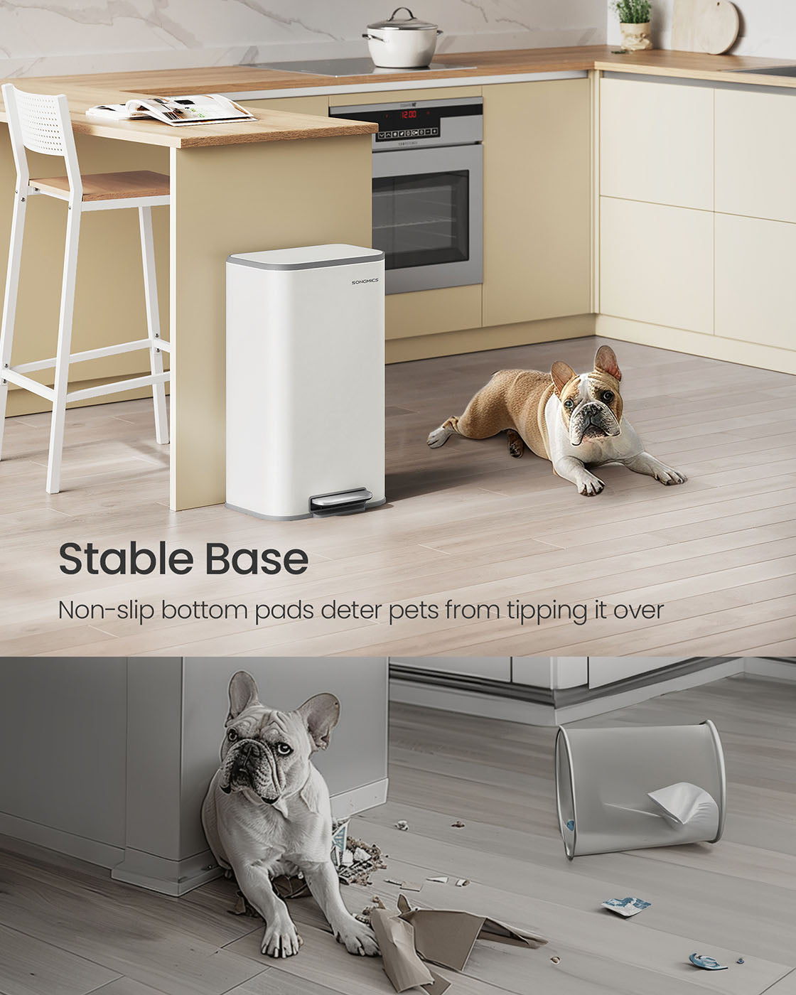 Kitchen Bin - Steel - Metallic Silver - 30 L Soft-Close Lid with Wide Non-Slip Pedal