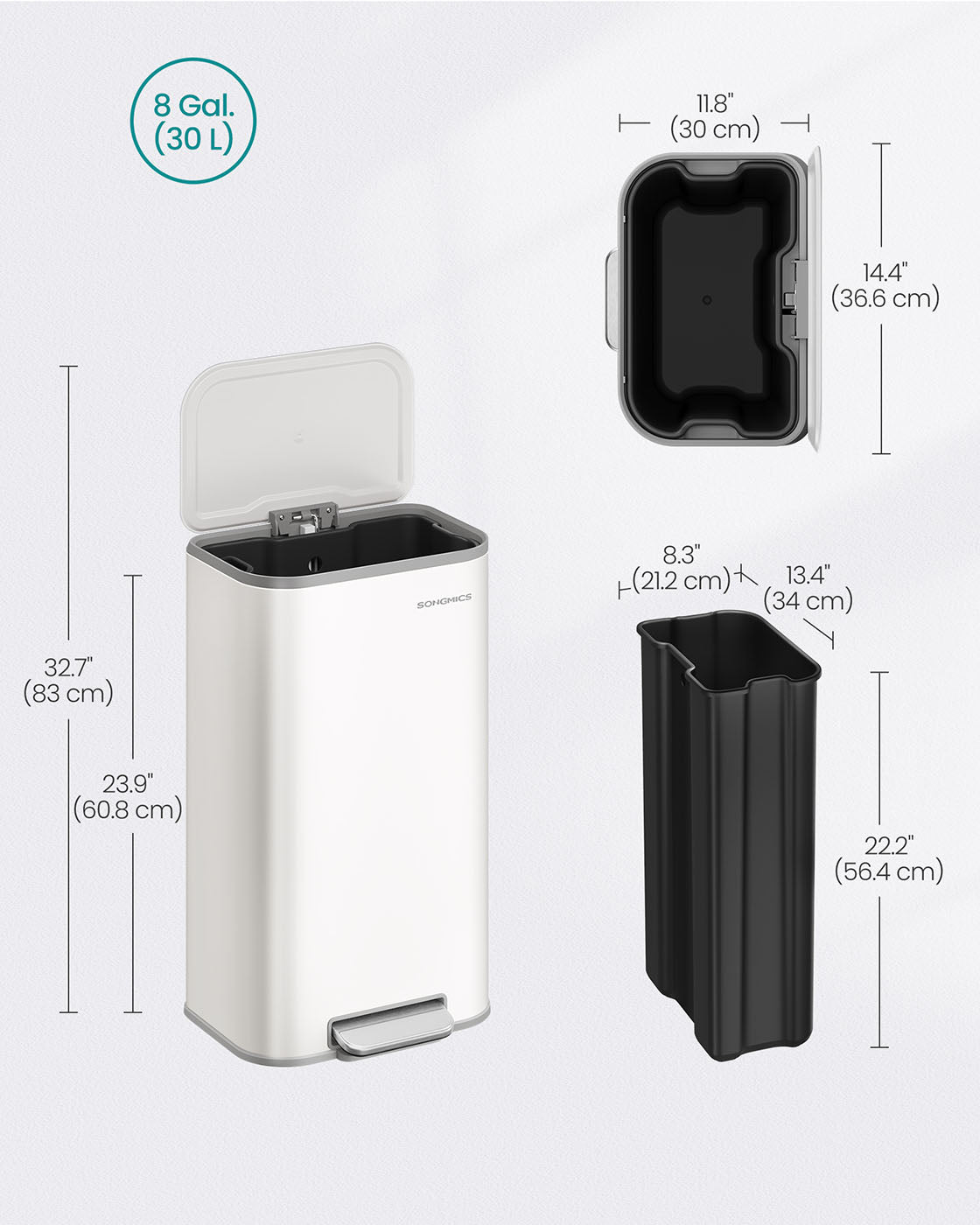 Pedal Bin - Steel - Cloud White - 30 L Soft-Close Lid with Non-Slip Pedal