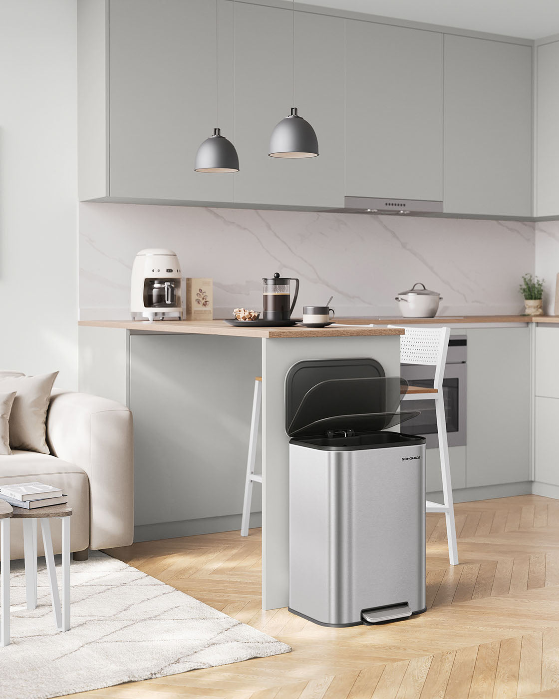 Trash Bin - Steel - Metallic Silver - 50L Capacity