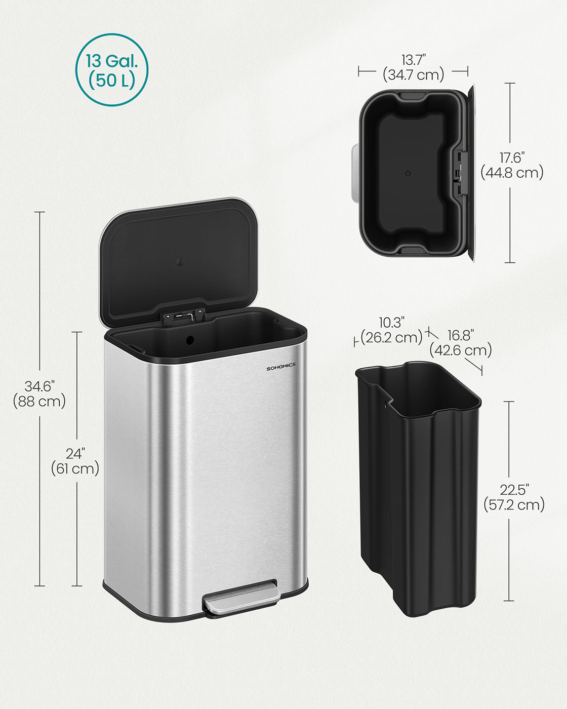 Trash Bin - Steel - Metallic Silver - 50L Capacity