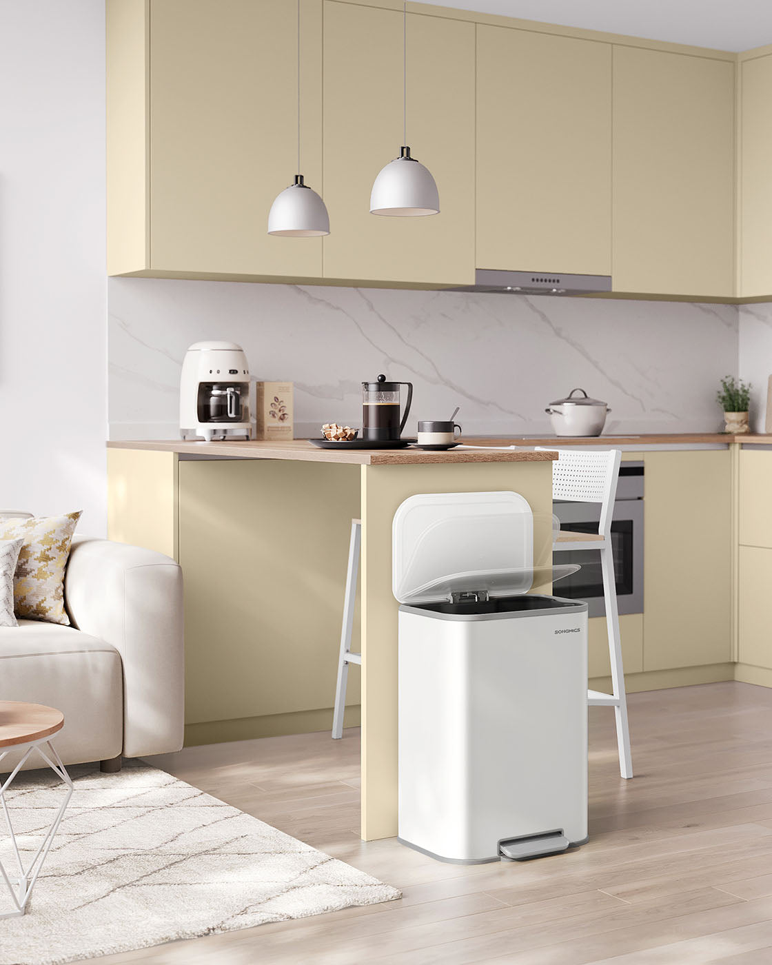 Trash Bin - Steel - Cloud White - 50 L Soft-Close Lid with Wide Non-Slip Pedal