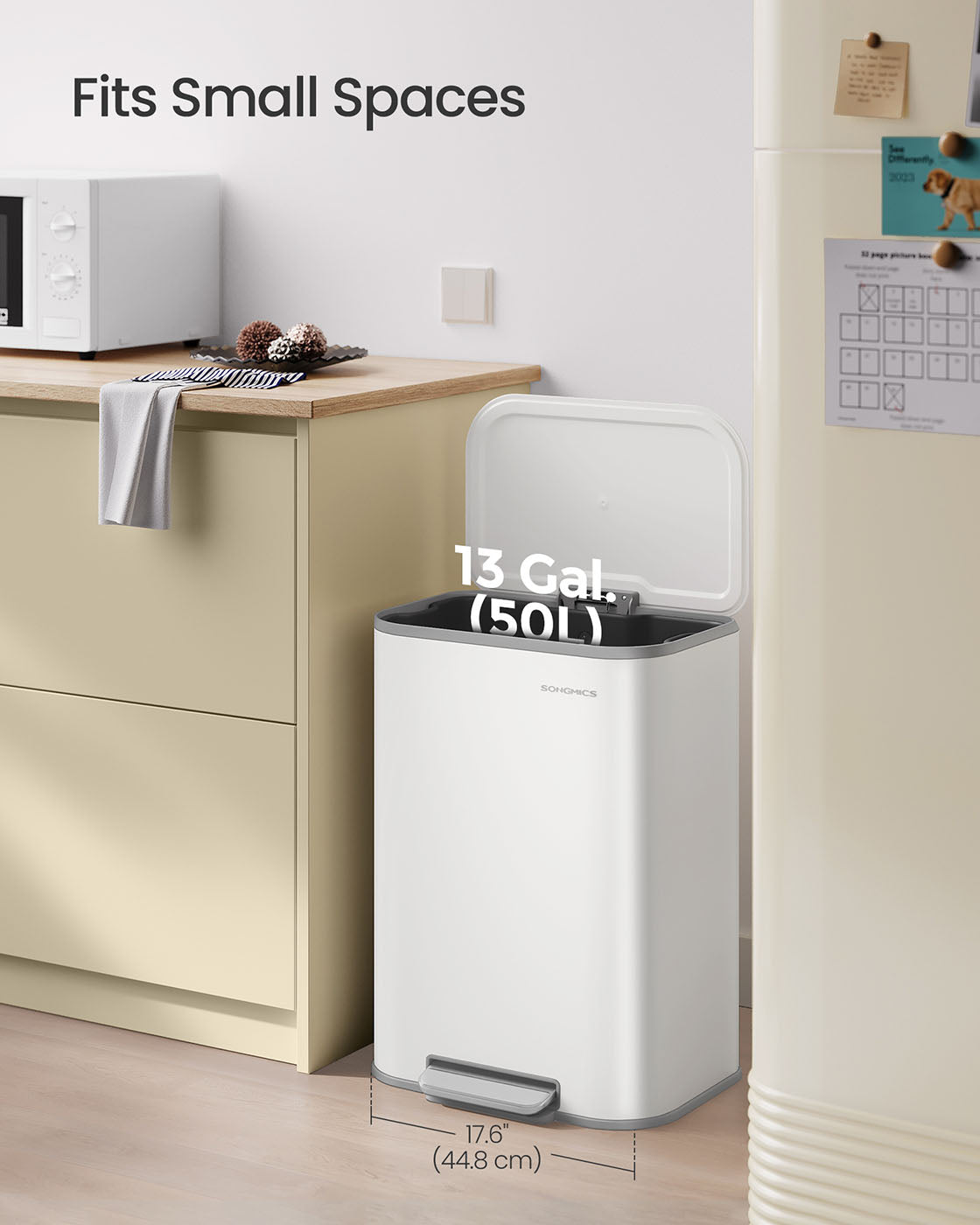 Trash Bin - Steel - Cloud White - 50 L Soft-Close Lid with Wide Non-Slip Pedal