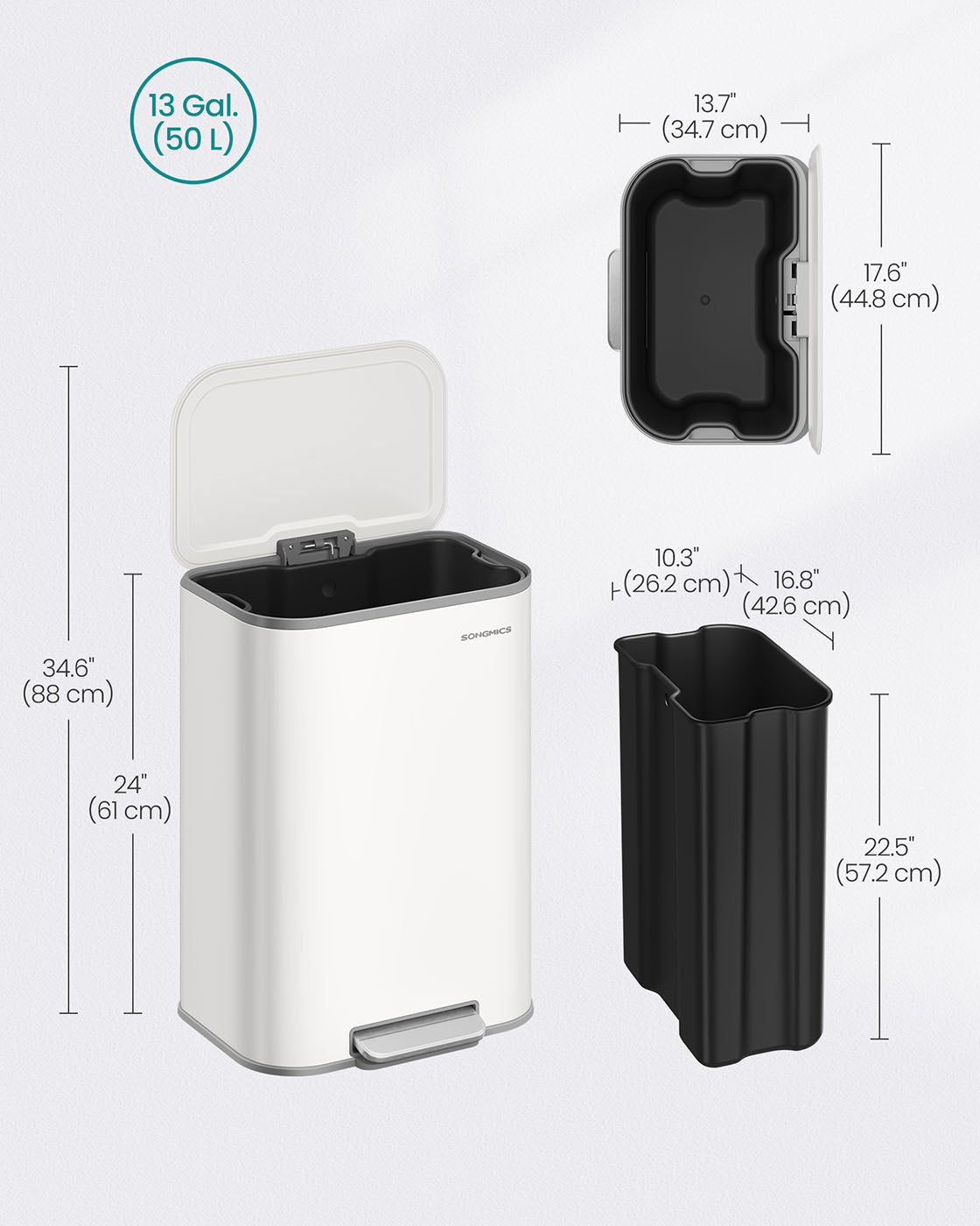 Trash Bin - Steel - Cloud White - 50 L Soft-Close Lid with Wide Non-Slip Pedal