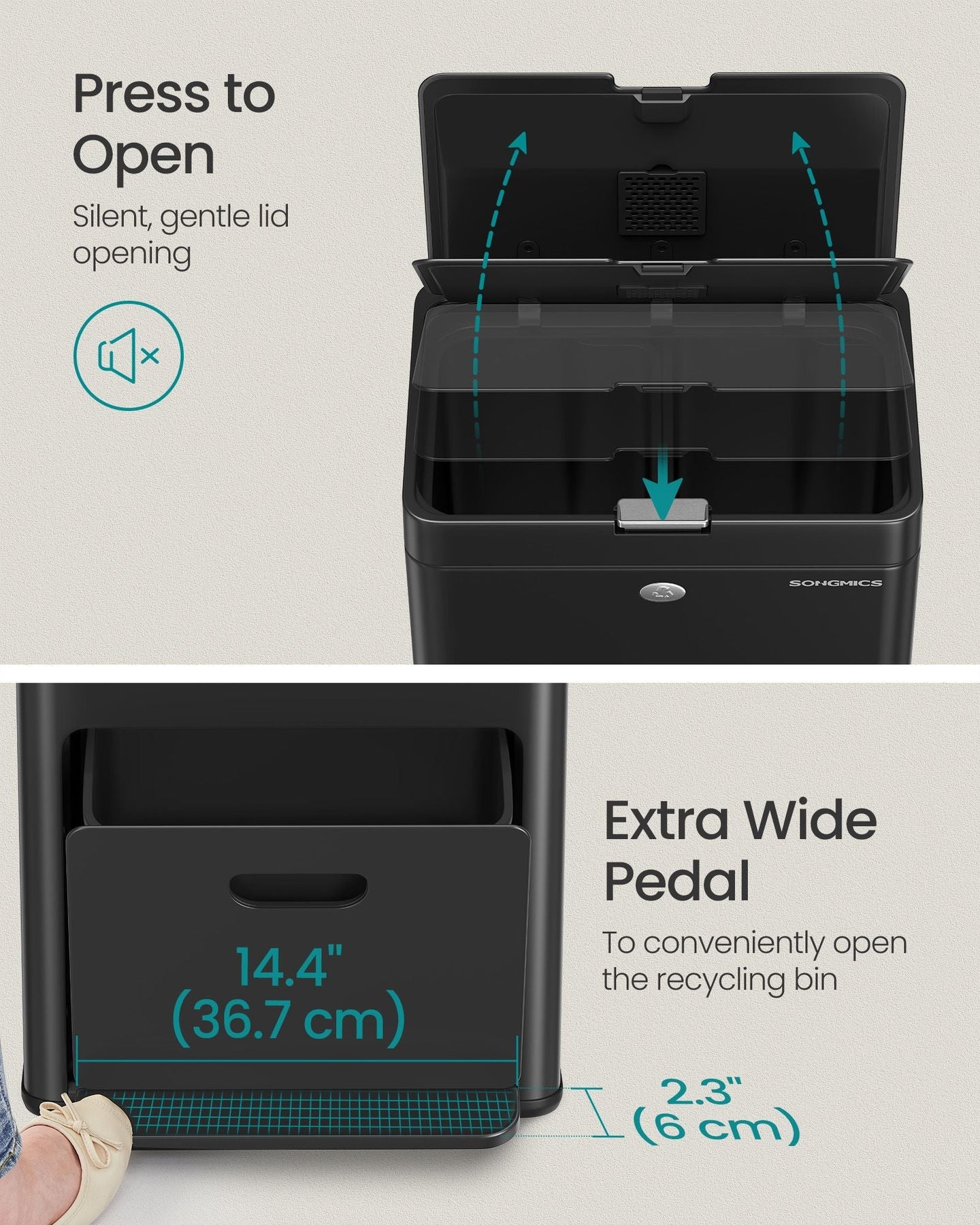 3-Compartment Kitchen Bin - Plastic - Black - Includes Carbon Filter and Wide Pedal