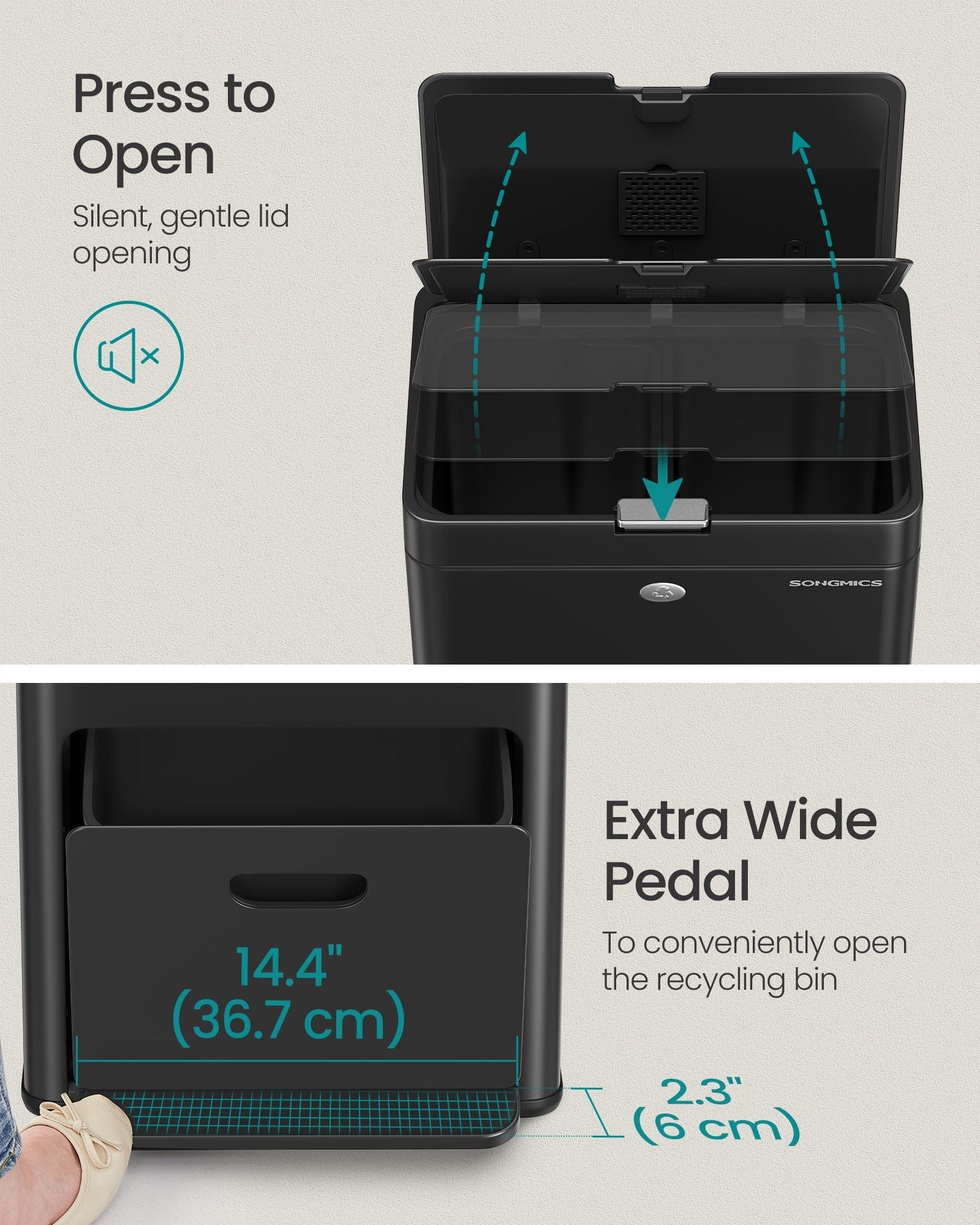 3-Compartment Kitchen Bin - Plastic - Black - Includes Carbon Filter and Wide Pedal