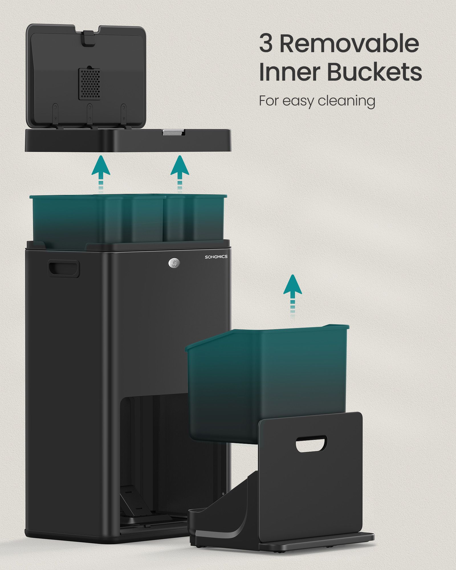 3-Compartment Kitchen Bin - Plastic - Black - Includes Carbon Filter and Wide Pedal