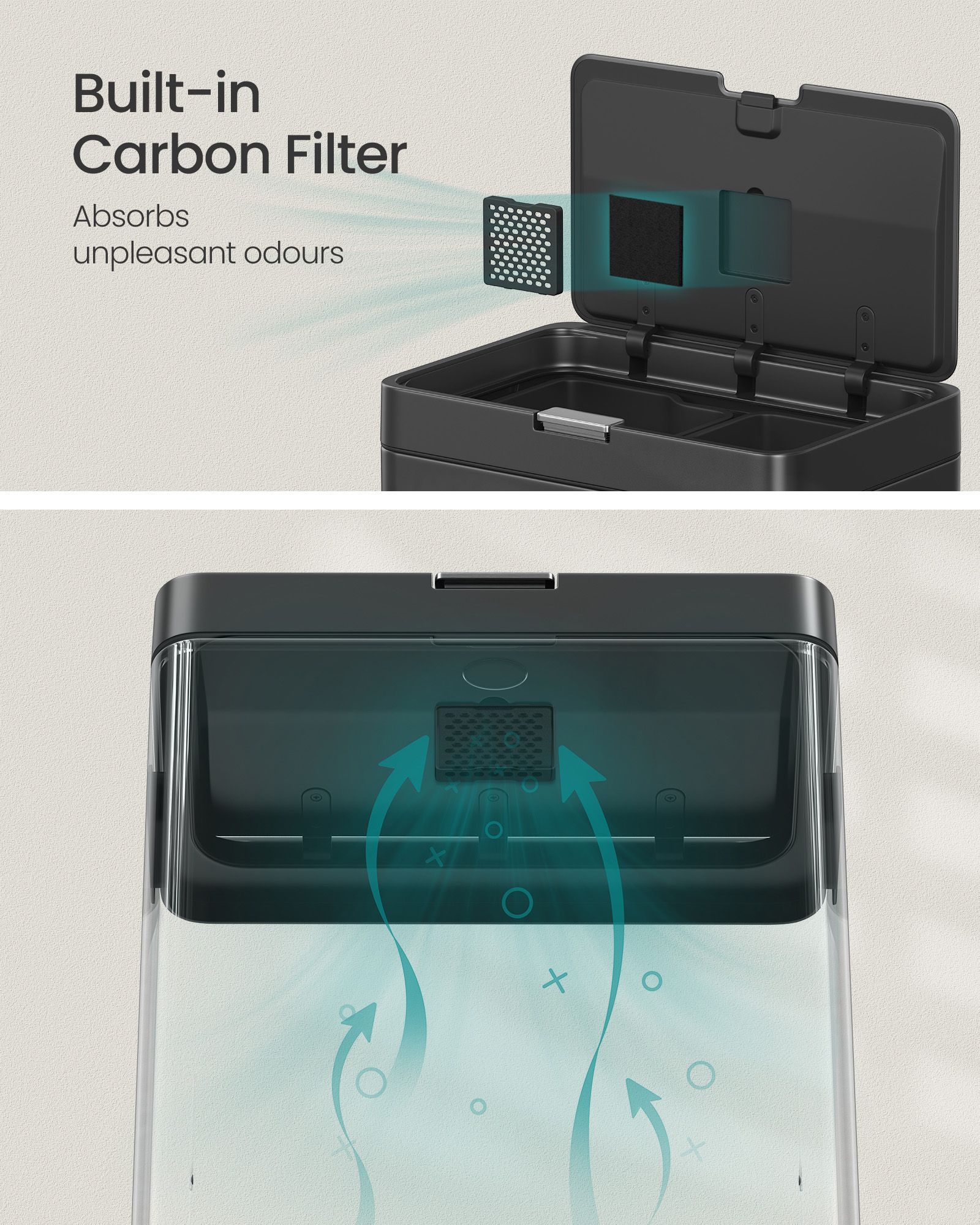 3-Compartment Kitchen Bin - Plastic - Black - Includes Carbon Filter and Wide Pedal